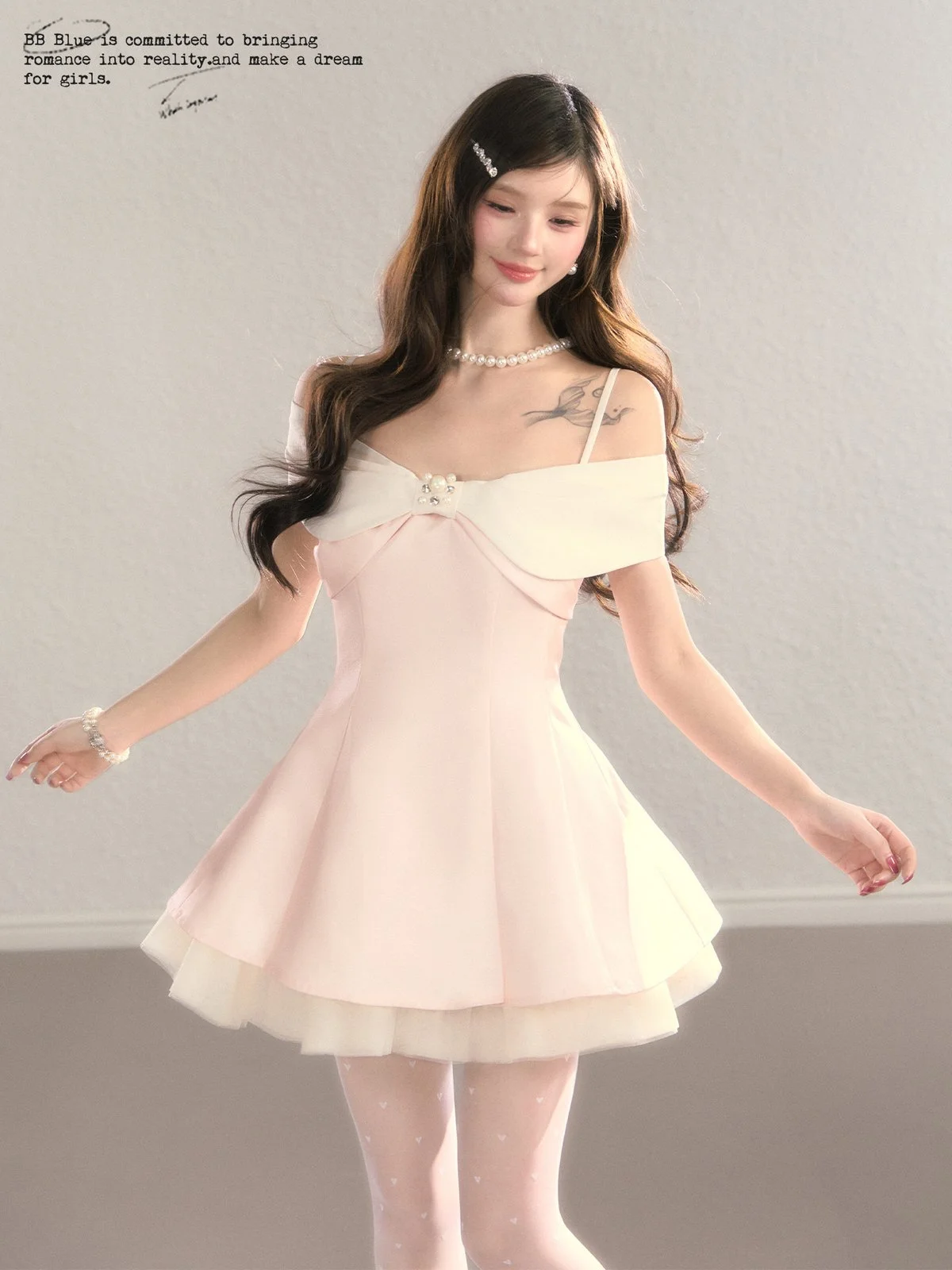 BB BLUE サテン リボン オフショルダー Aライン ワンピース｜商品写真