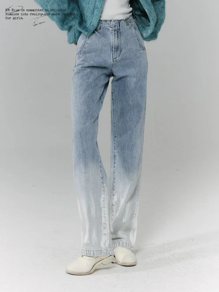 BB BLUE ペイント加工 ハイウエスト ワイドデニムパンツ｜商品写真