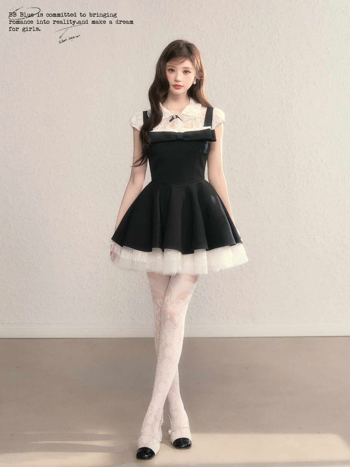 BB BLUE レースブラウス付き ツイル フレア ワンピース ブラック｜商品写真
