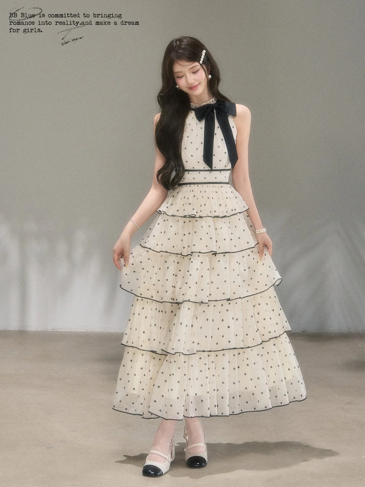 BB BLUE ドット柄 シフォン ティアード ロングワンピース｜商品写真