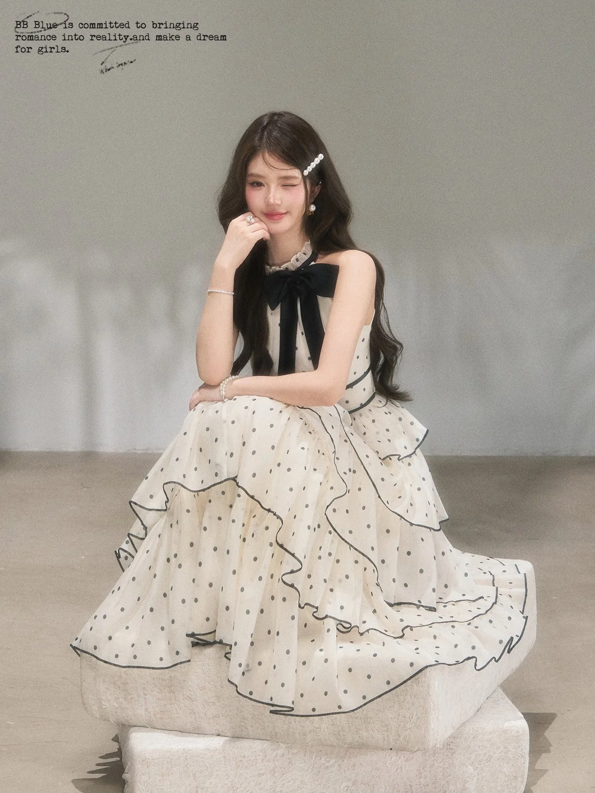 BB BLUE ドット柄 シフォン ティアード ロングワンピース｜商品写真