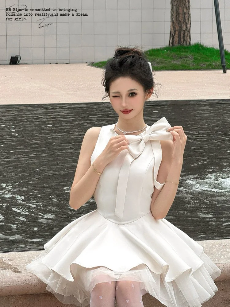 BB BLUE 丸首 リボン ノースリーブ Aラインワンピース｜商品写真