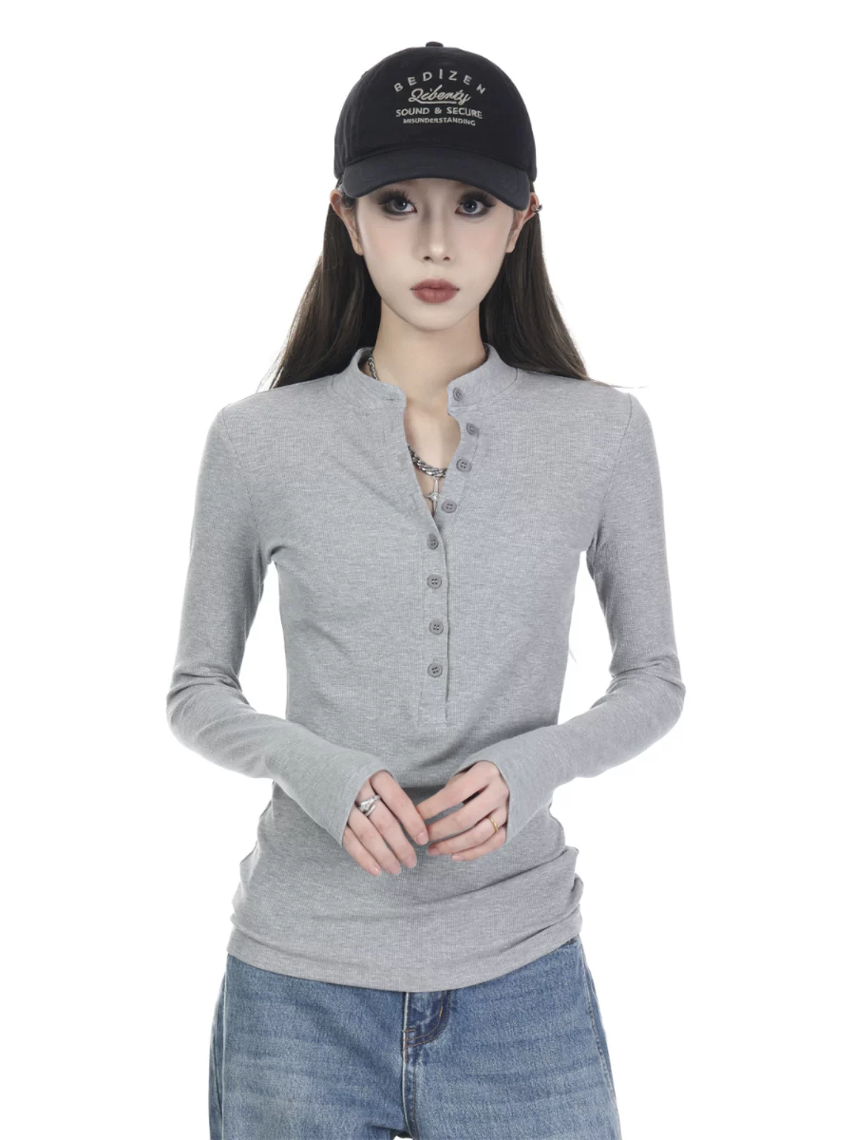 ボタンデザイン リブ長袖Tシャツ 商品写真