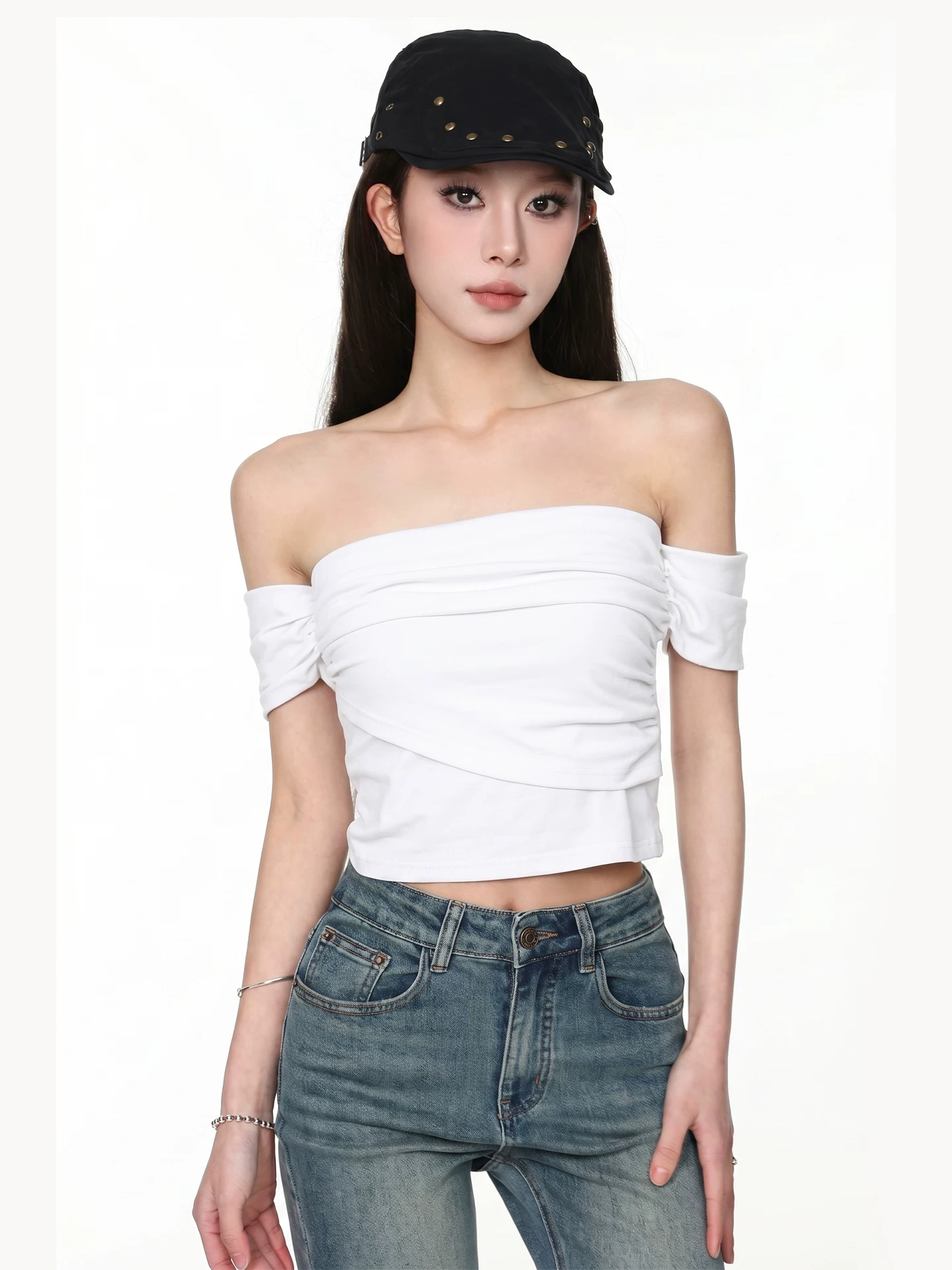オフショルダー 半袖ニットトップス 商品写真