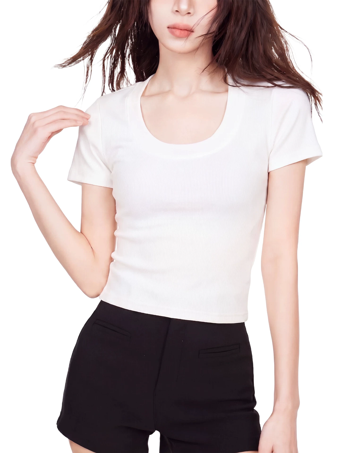 Uネック ショート丈 半袖Tシャツ 商品写真