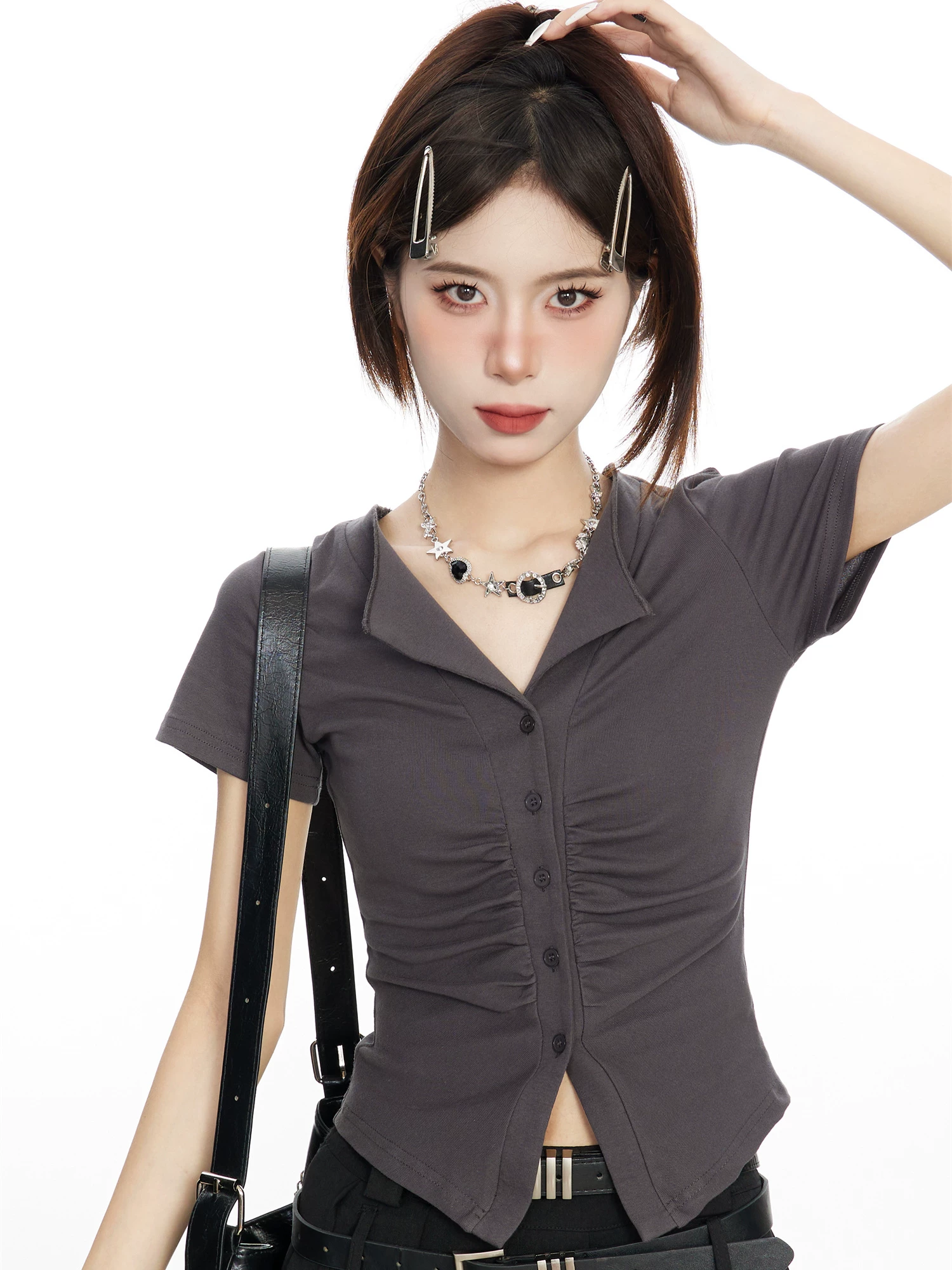 ギャザー ポロカラー半袖トップス 商品写真