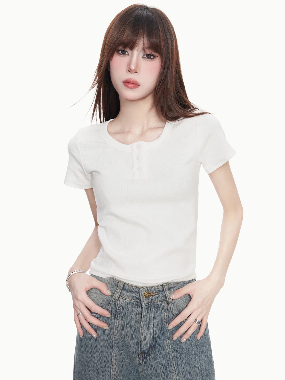 ボタン付き リブショート丈Tシャツ 商品写真