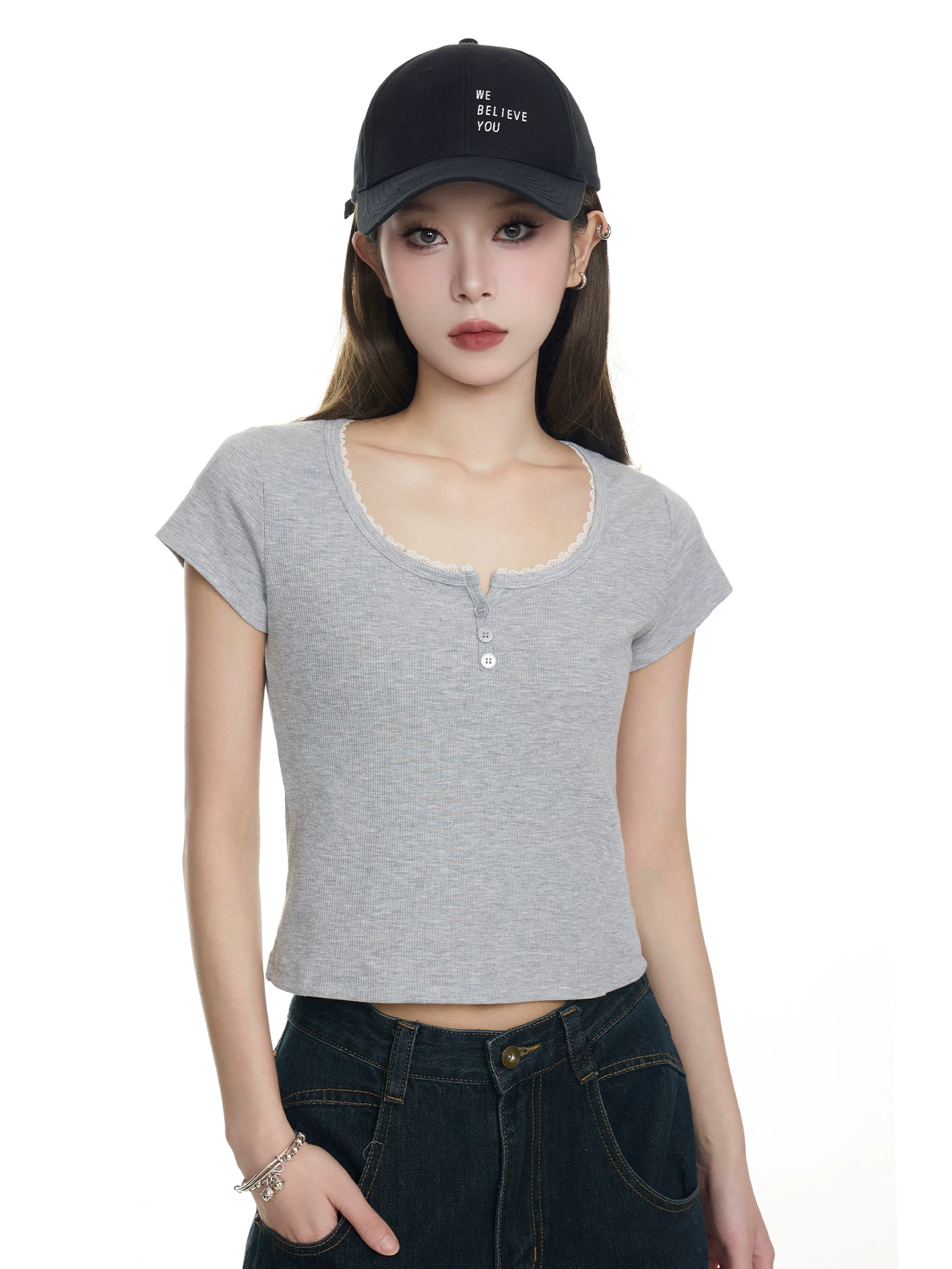 スクエアネック レース切り替えTシャツ 商品写真
