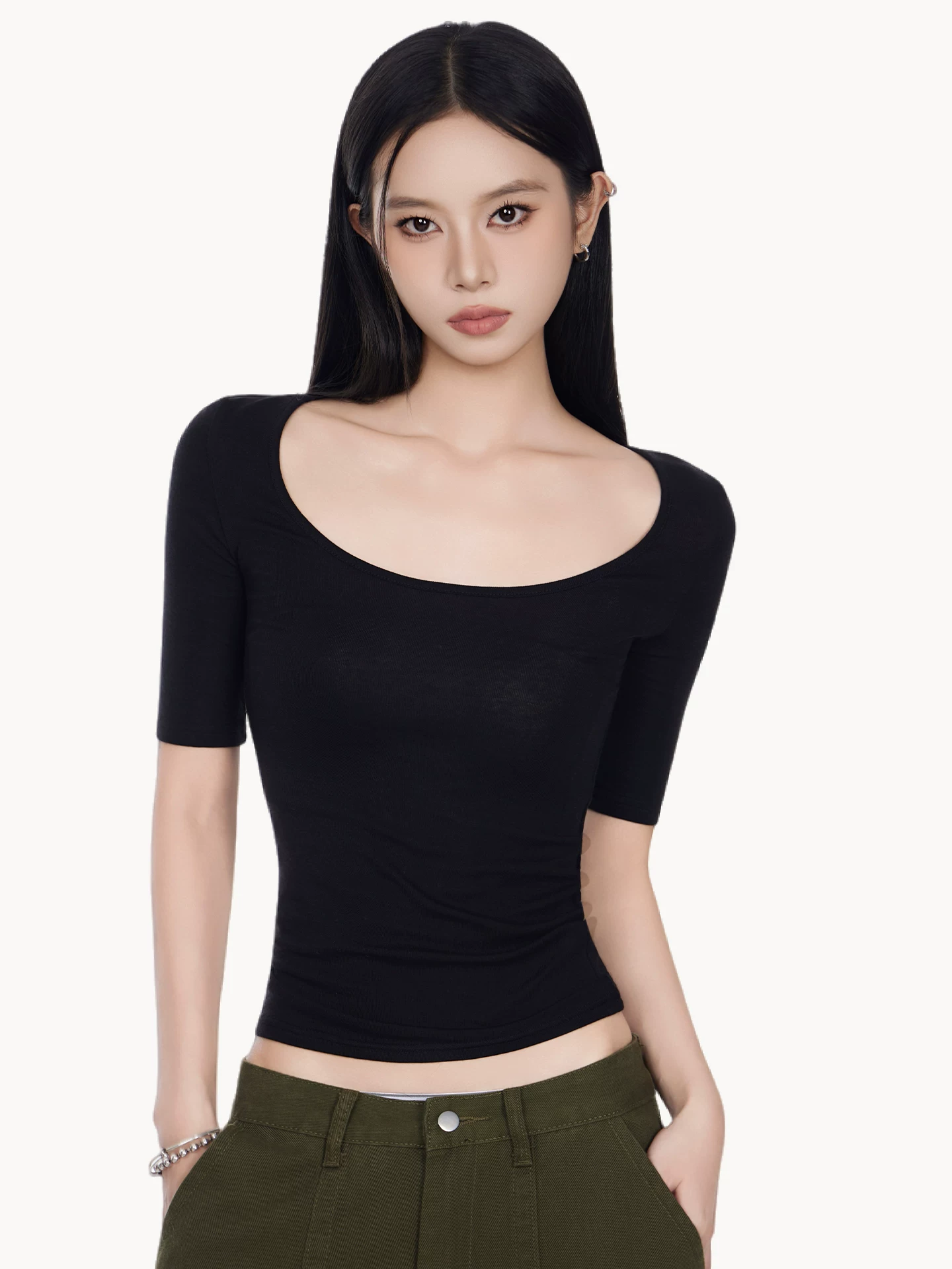 Uネック 五分袖Tシャツ 商品写真