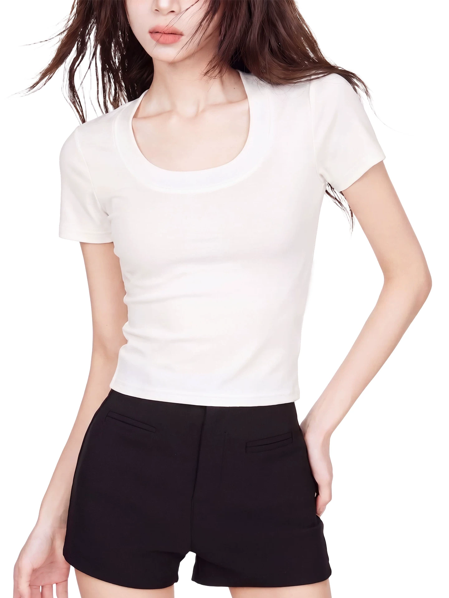 Uネック ショート丈 半袖Tシャツ 商品写真
