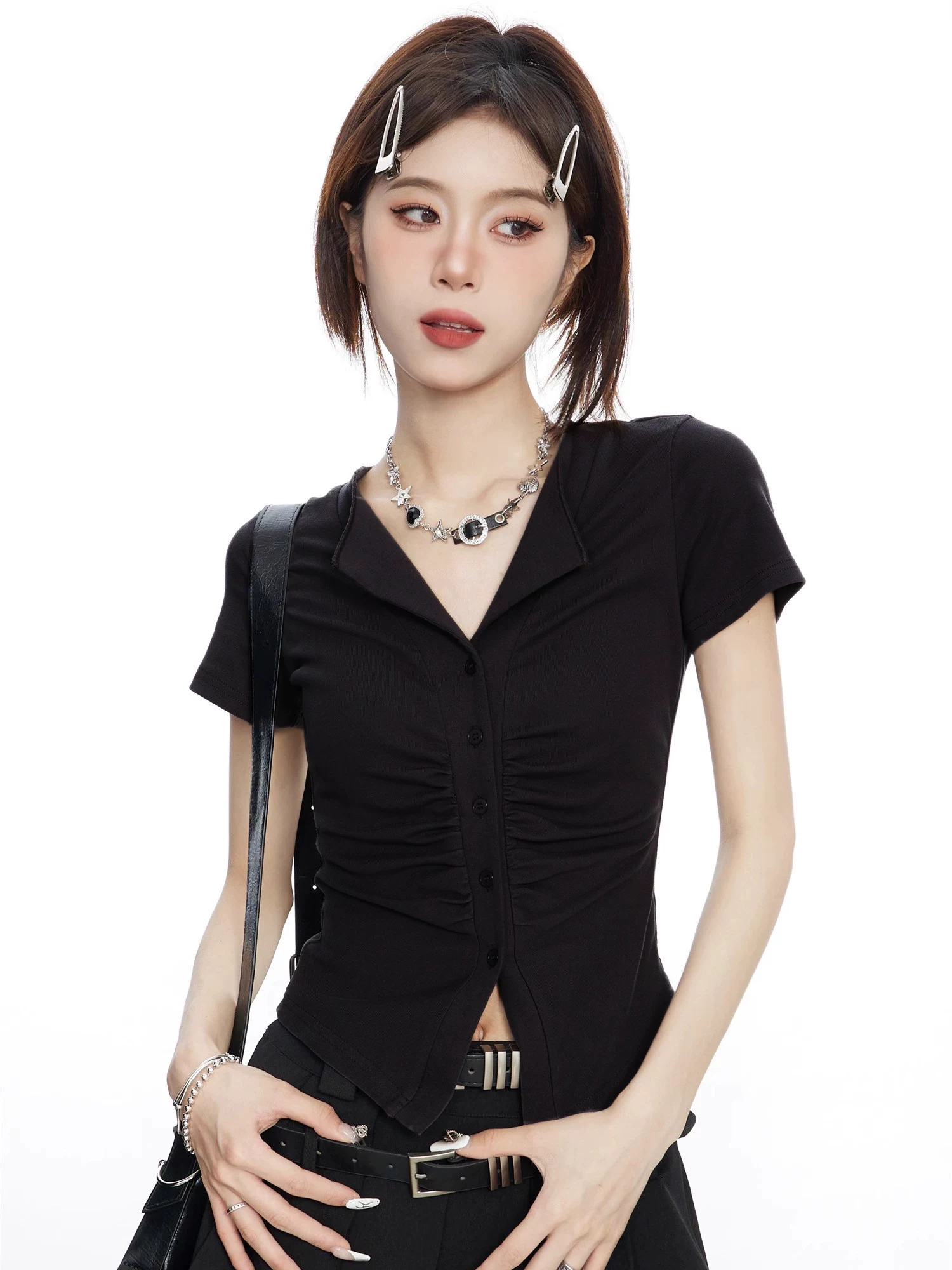 ギャザー Vネック 半袖Tシャツ 商品写真
