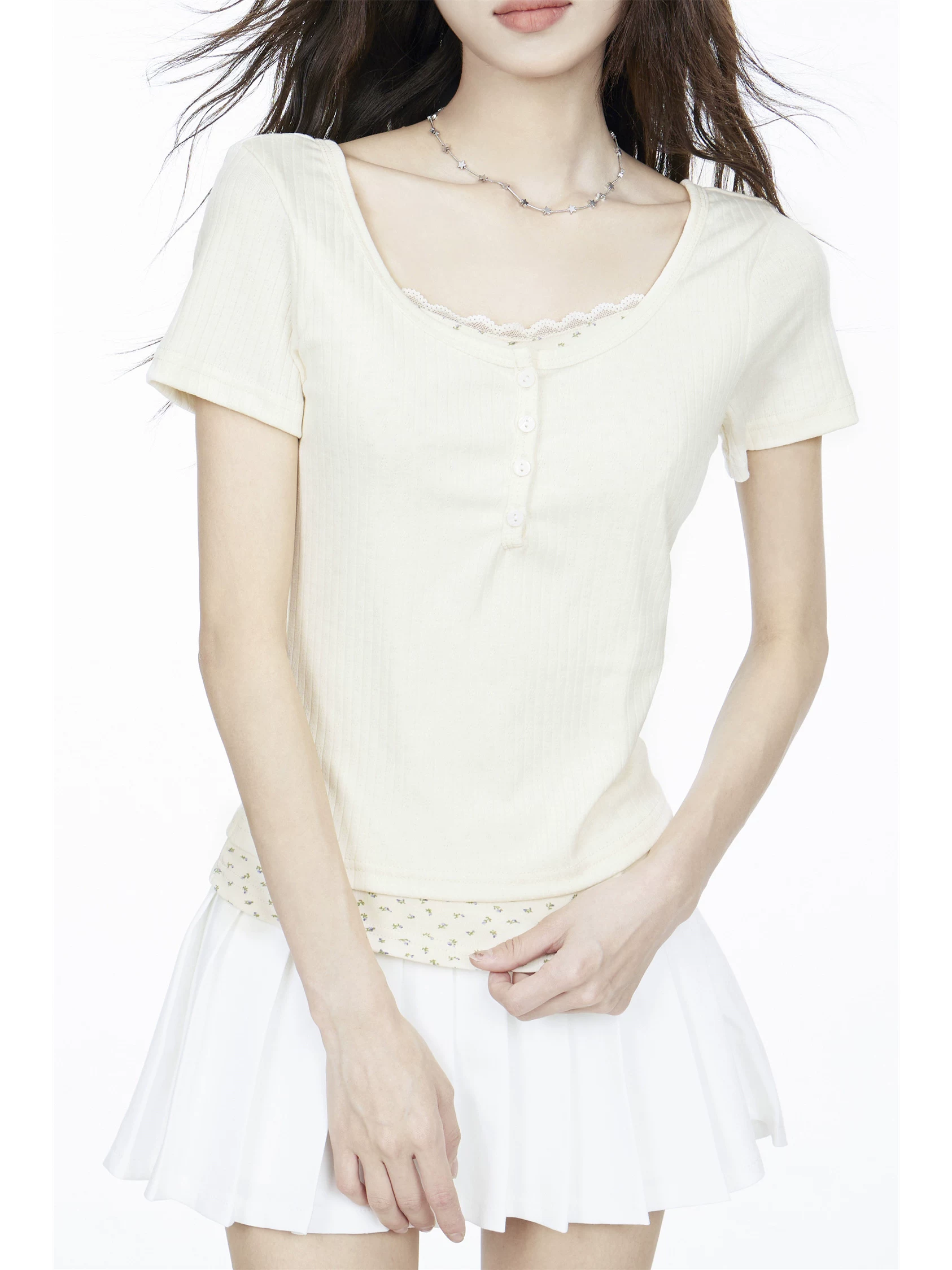 レイヤード風 レース 半袖Tシャツ 商品写真