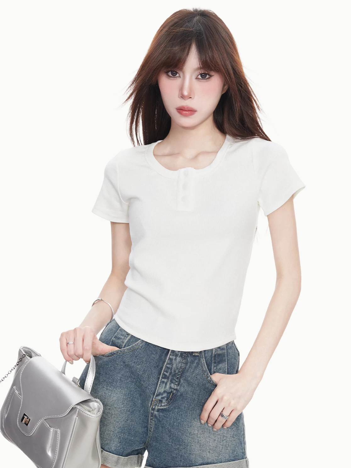 ボタン付き リブショート丈Tシャツ 商品写真