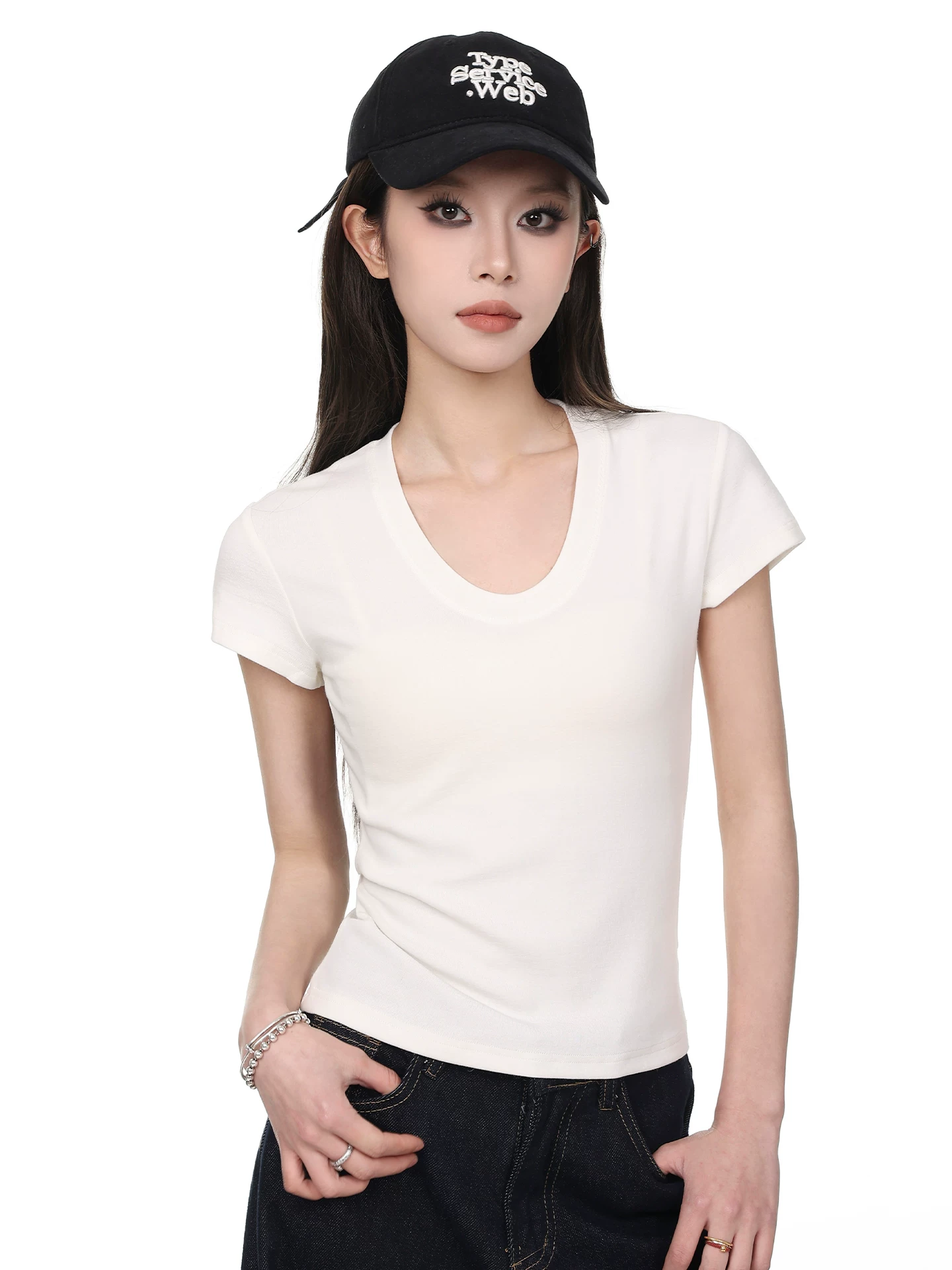 Uネック 半袖Tシャツ 商品写真