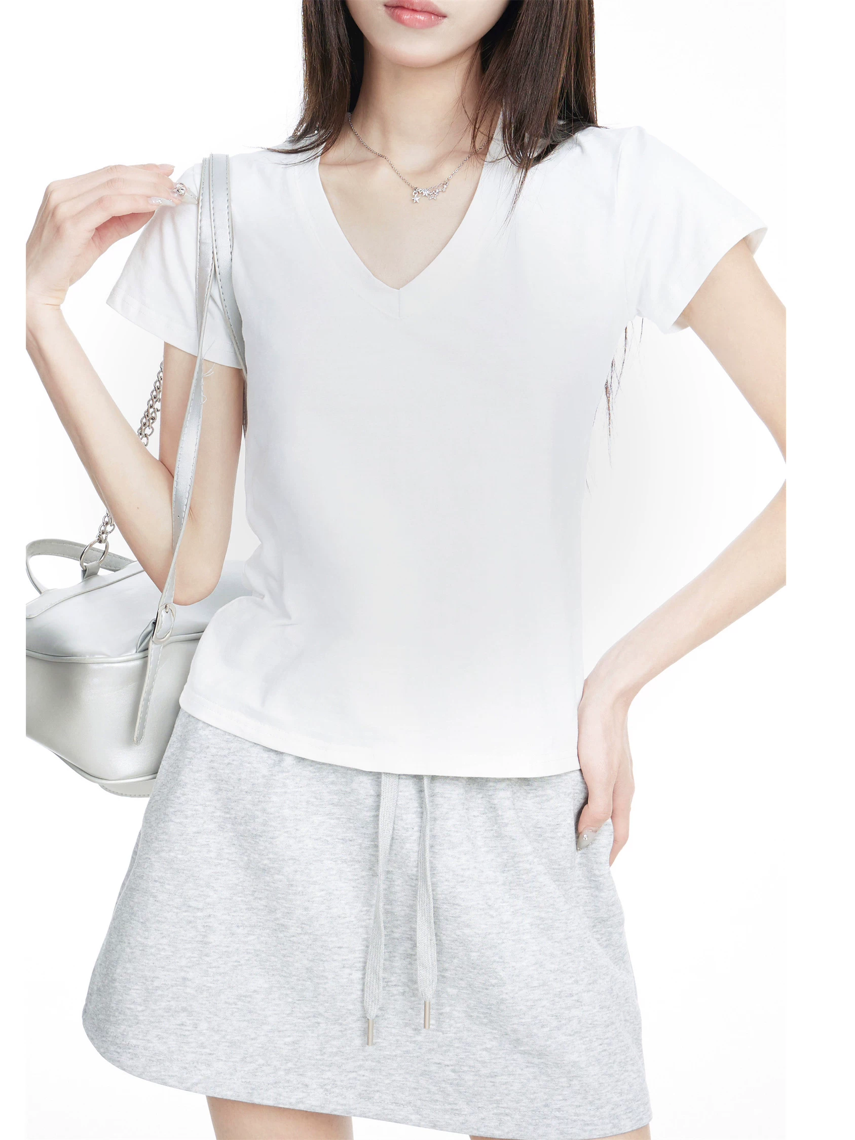 Vネック ショート丈 半袖Tシャツ 商品写真