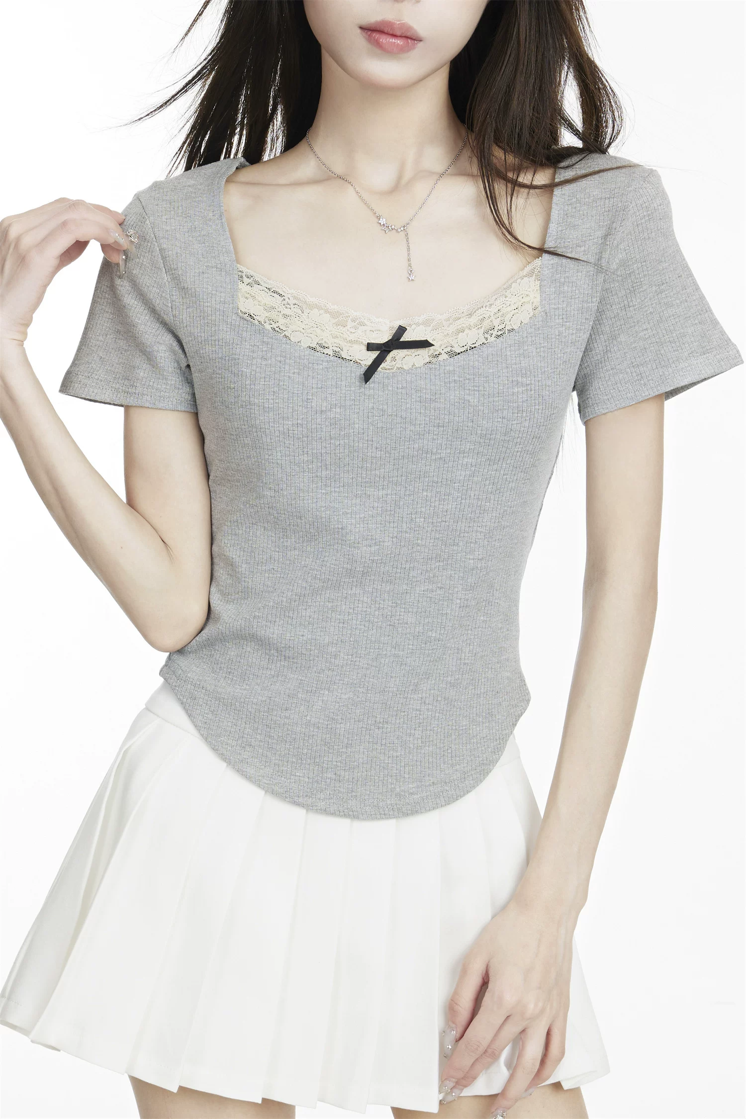 レース ショート丈 半袖Tシャツ 商品写真