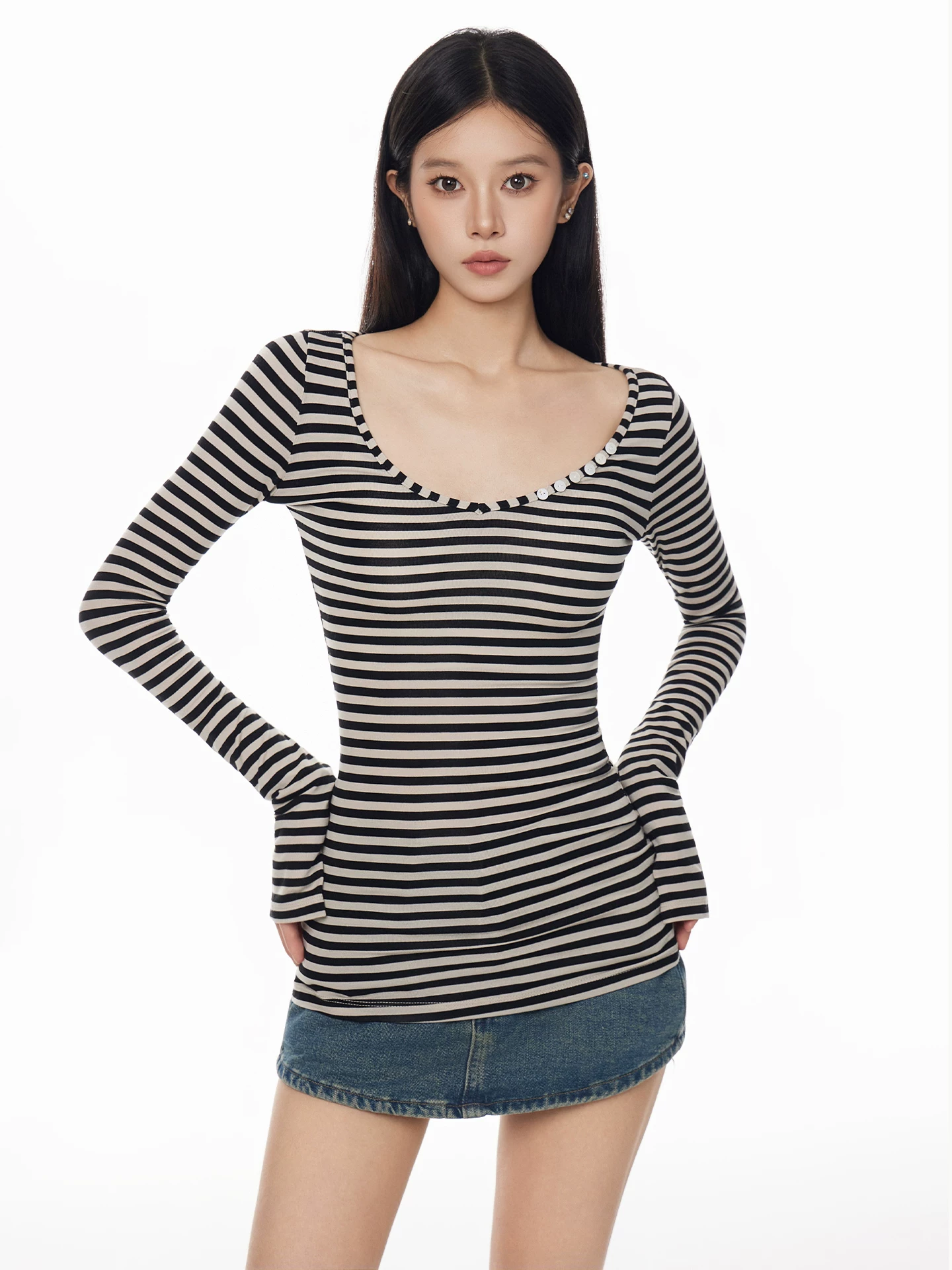 ボーダー Vネック 長袖Tシャツ 商品写真