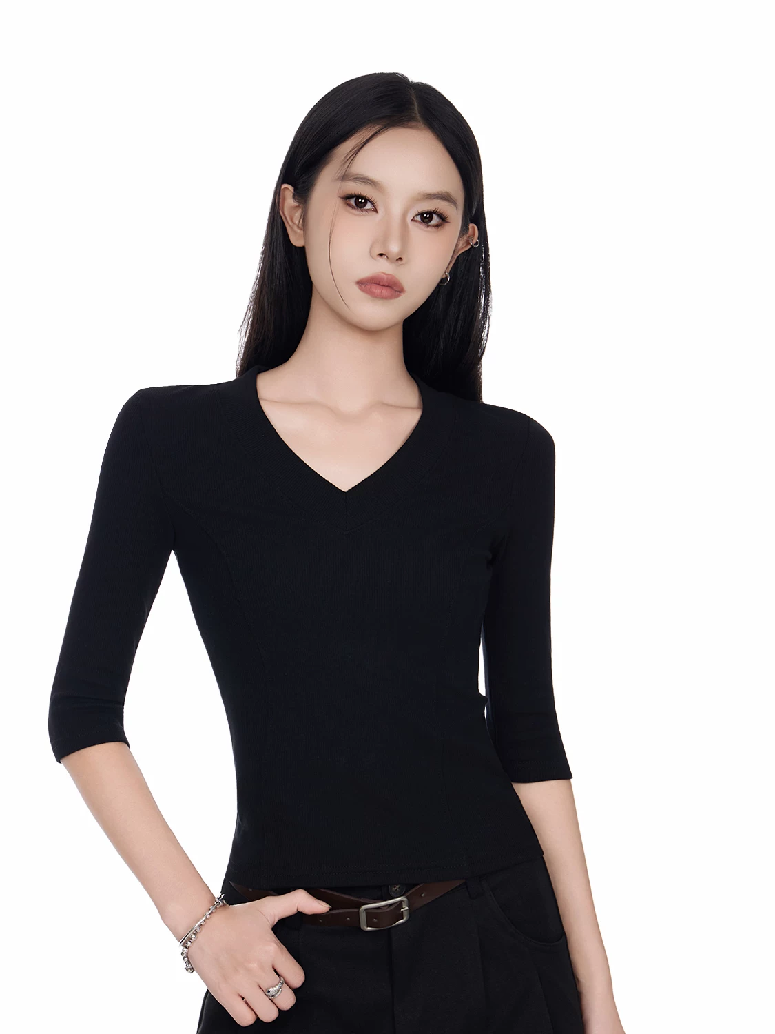 Vネック 七分袖Tシャツ 商品写真