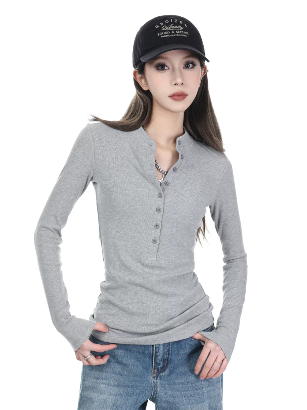 ボタンデザイン リブ長袖Tシャツ 商品写真
