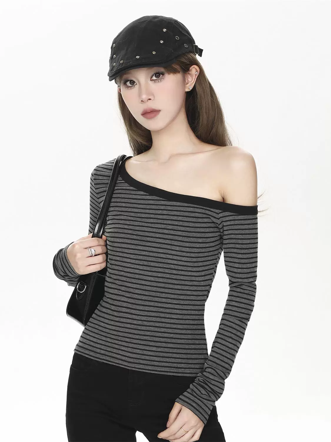 ボーダー オフショルダー 長袖Tシャツ 商品写真