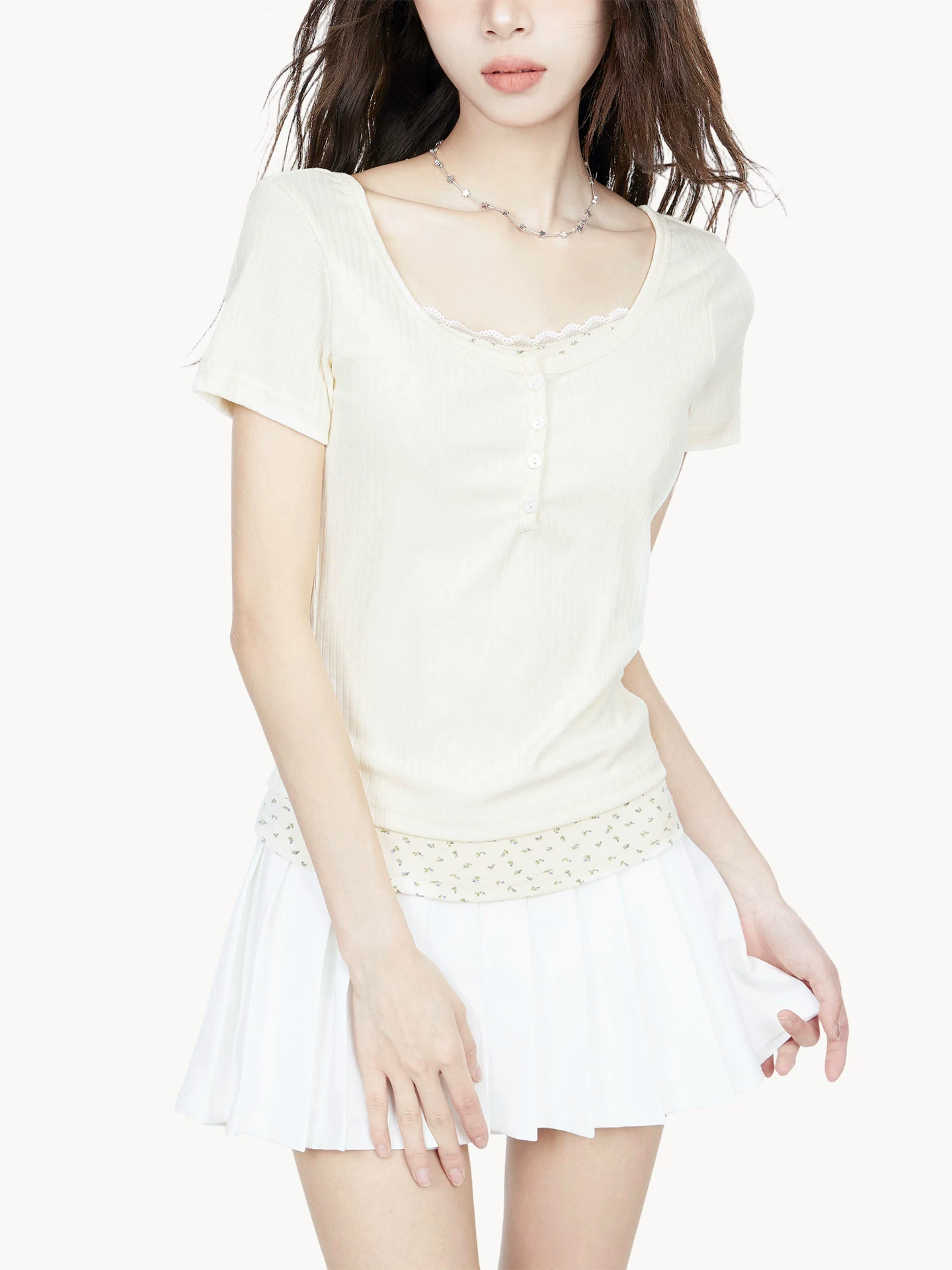 レイヤード風 レース 半袖Tシャツ 商品写真