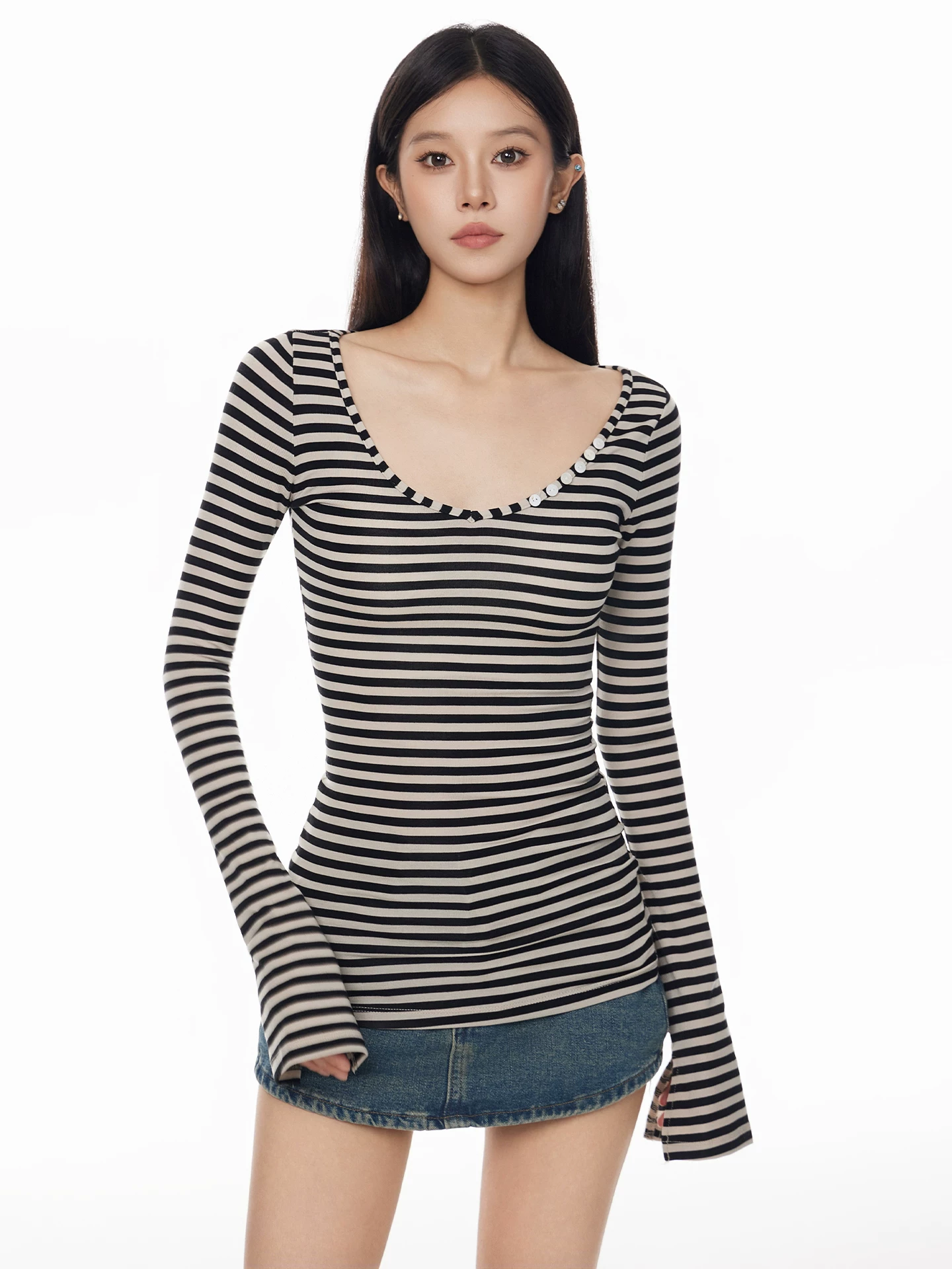 ボーダー Vネック 長袖Tシャツ 商品写真