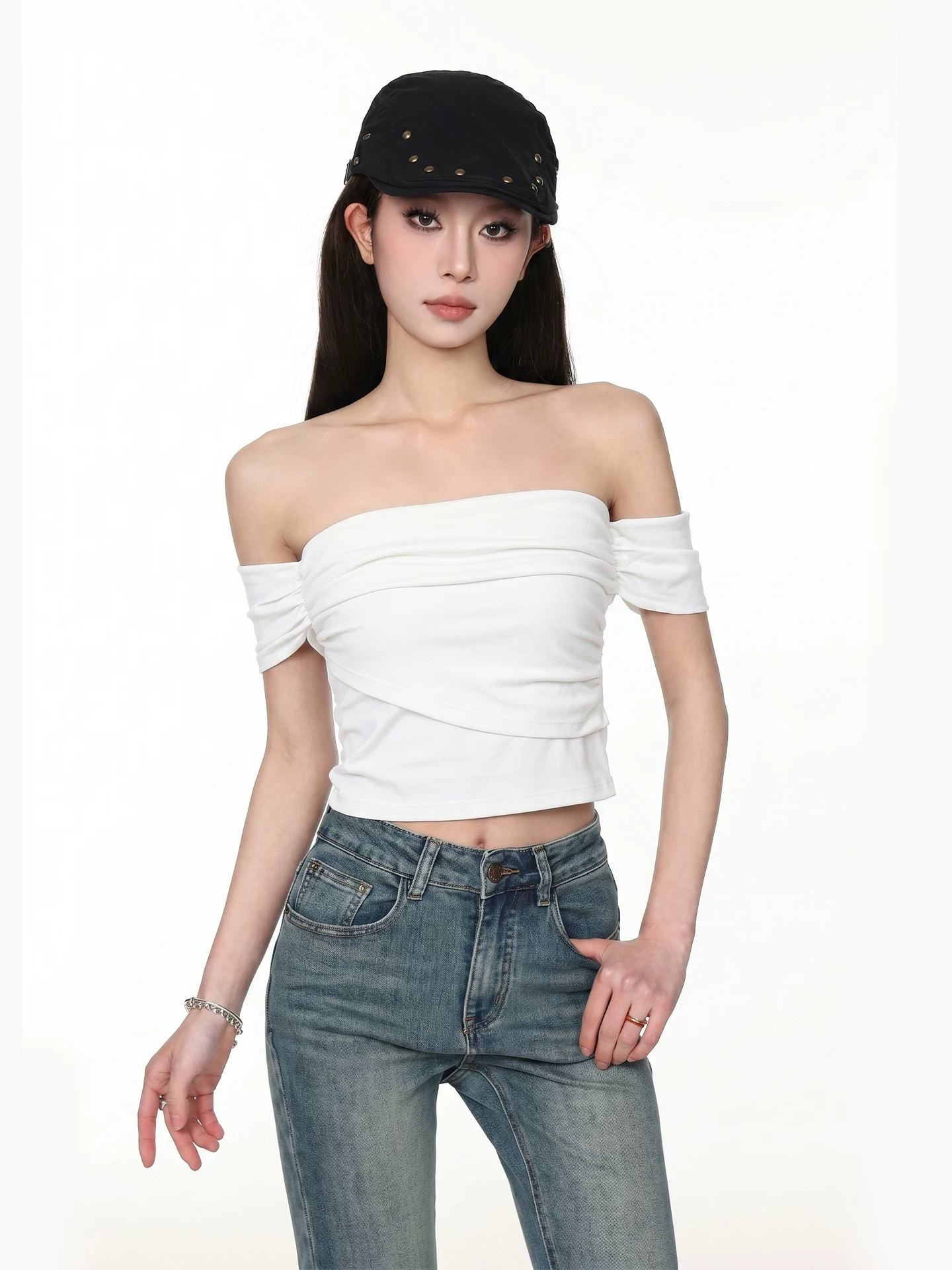オフショルダー 半袖ニットトップス 商品写真