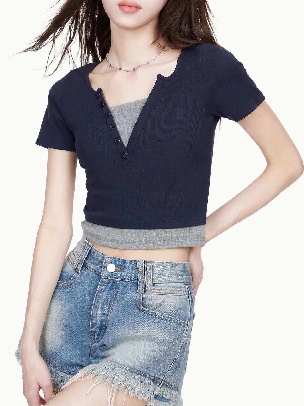 レイヤード風 Vネック 半袖Tシャツ 商品写真