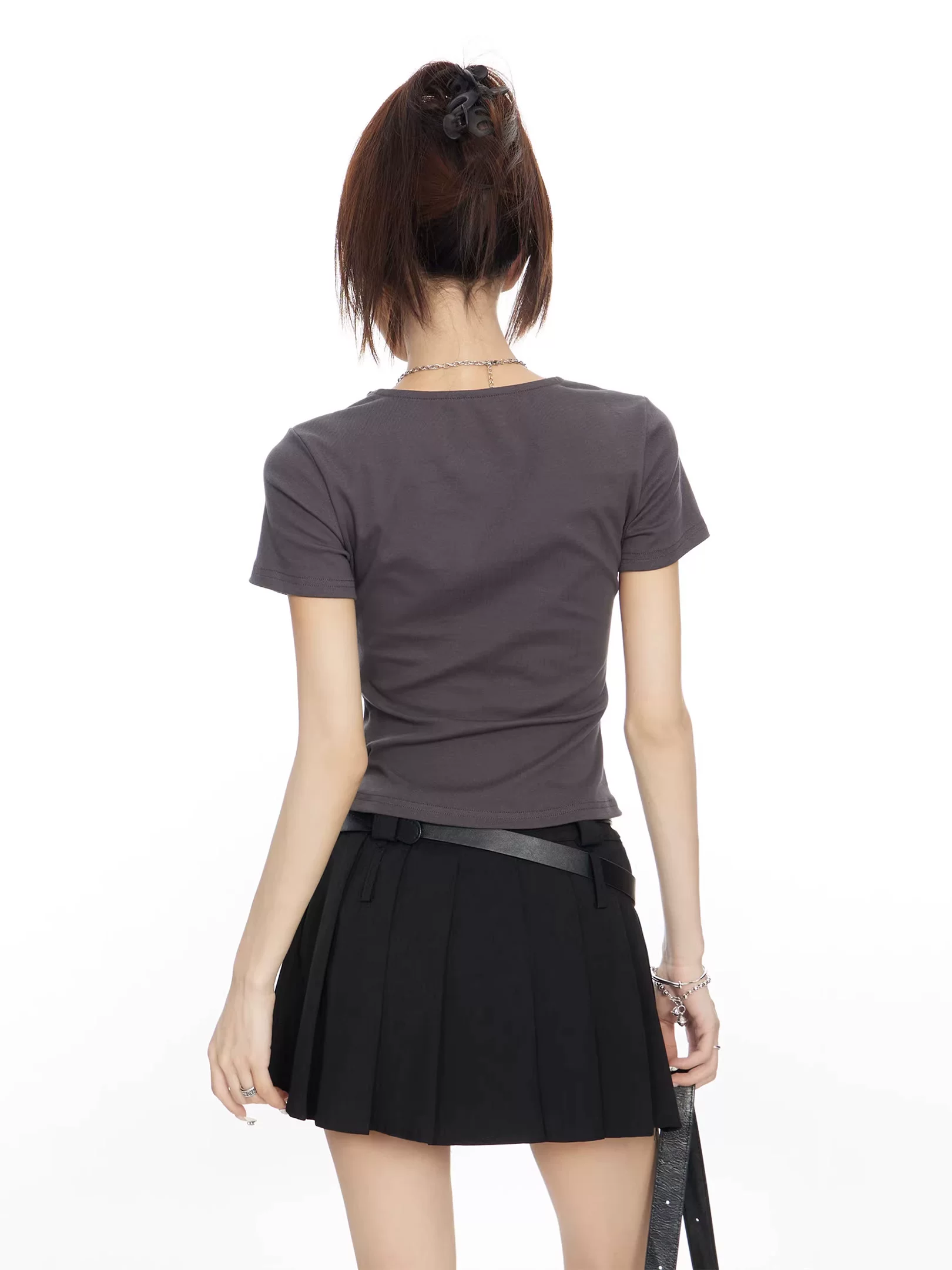 襟付き ギャザーショート丈Tシャツ 商品写真