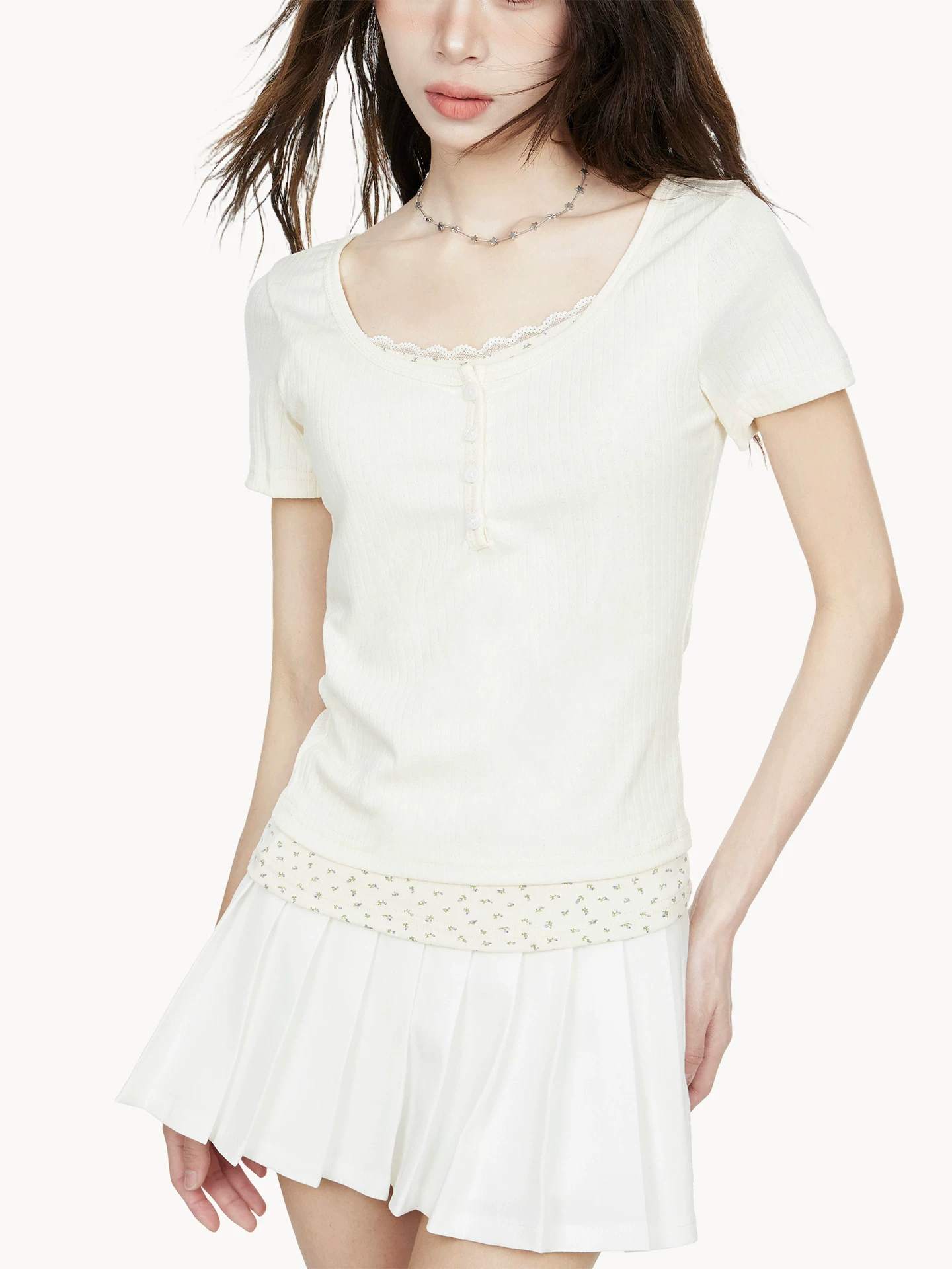 レイヤード風 レース 半袖Tシャツ 商品写真