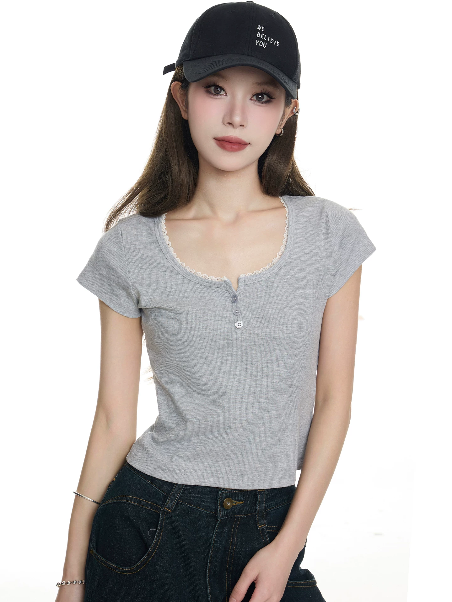 スクエアネック レース切り替えTシャツ 商品写真