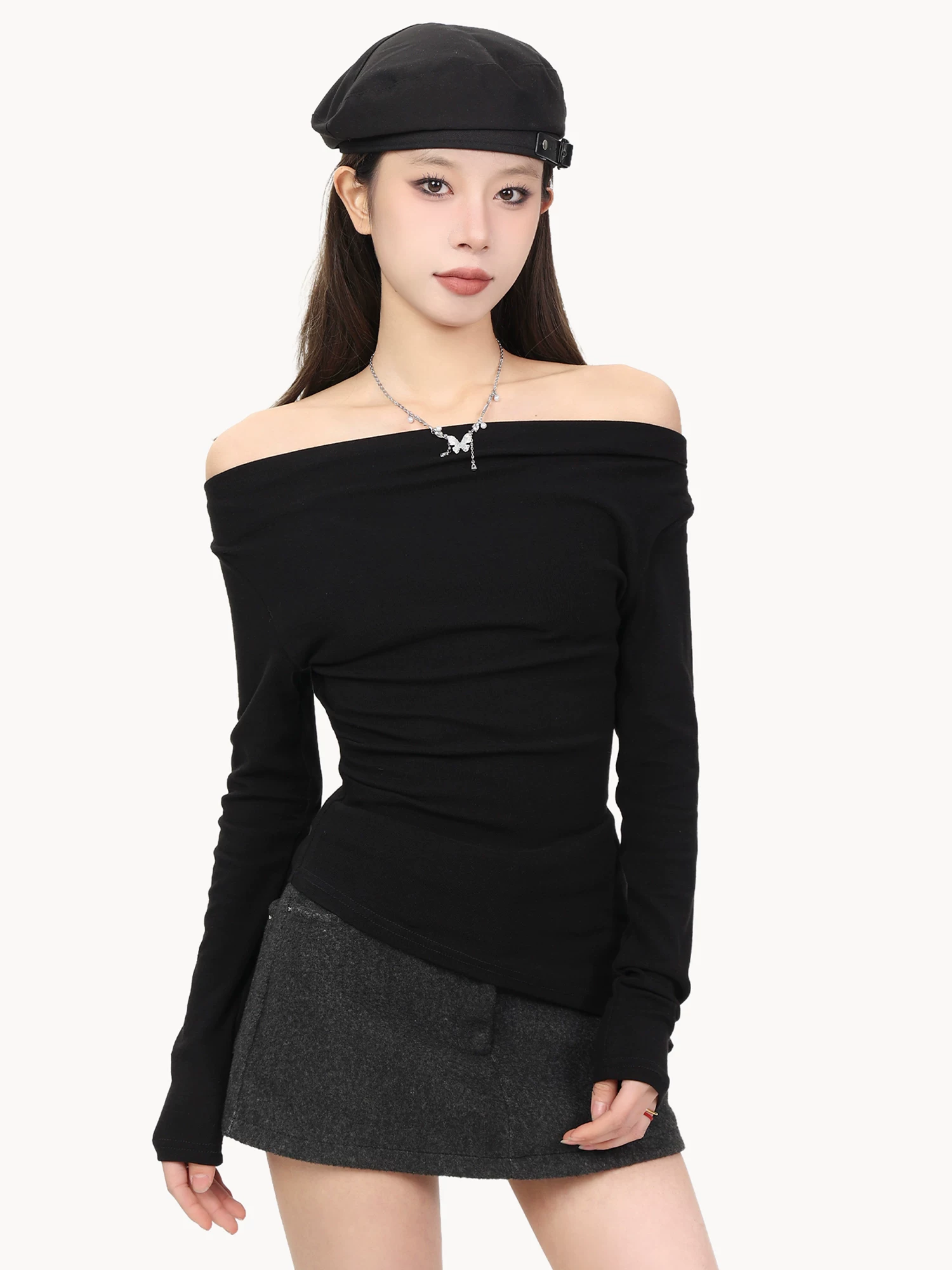 オフショルダー ドレープネック 長袖Tシャツ 商品写真
