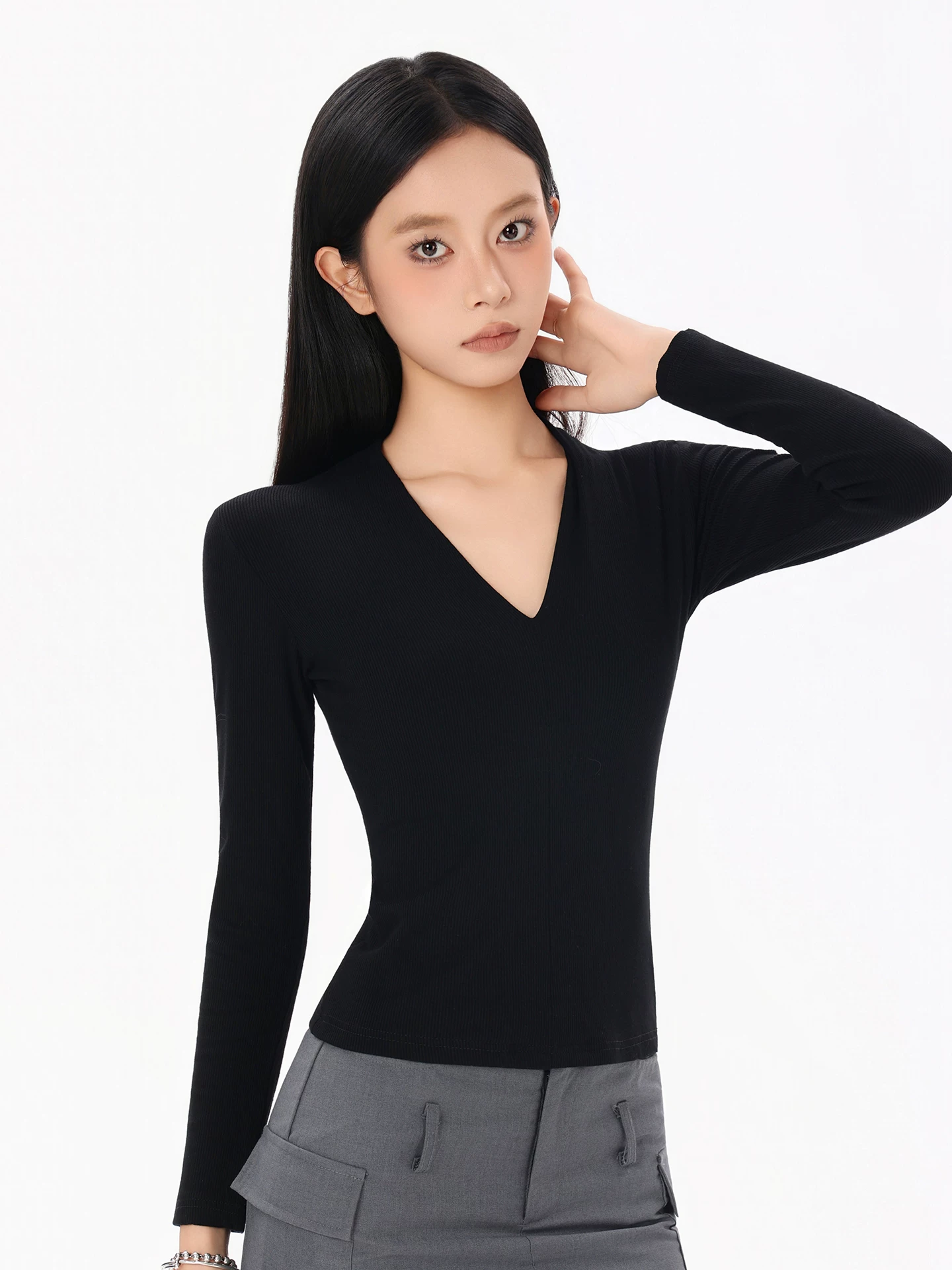 Vネック 長袖Tシャツ 商品写真
