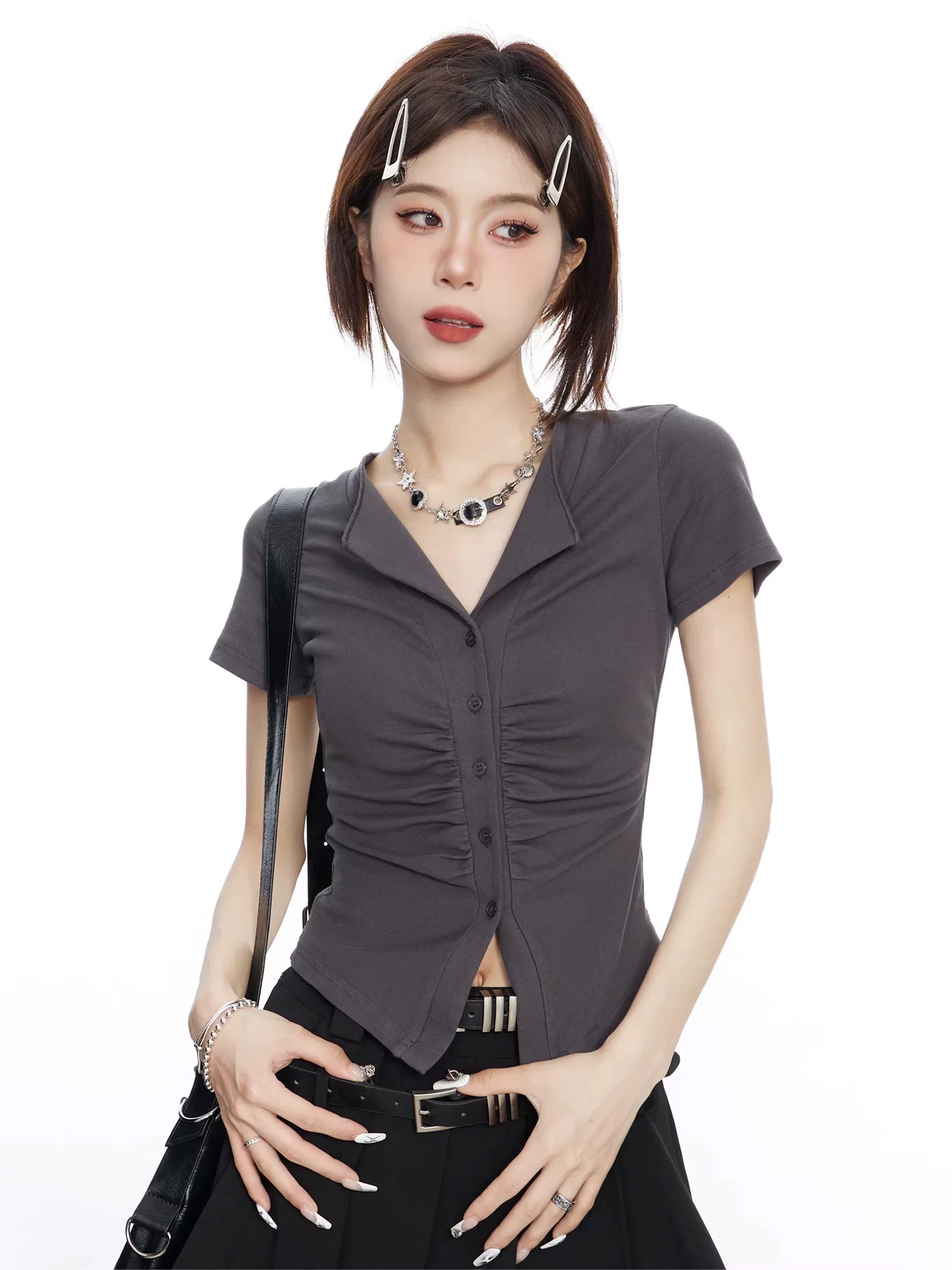 襟付き ギャザーショート丈Tシャツ 商品写真