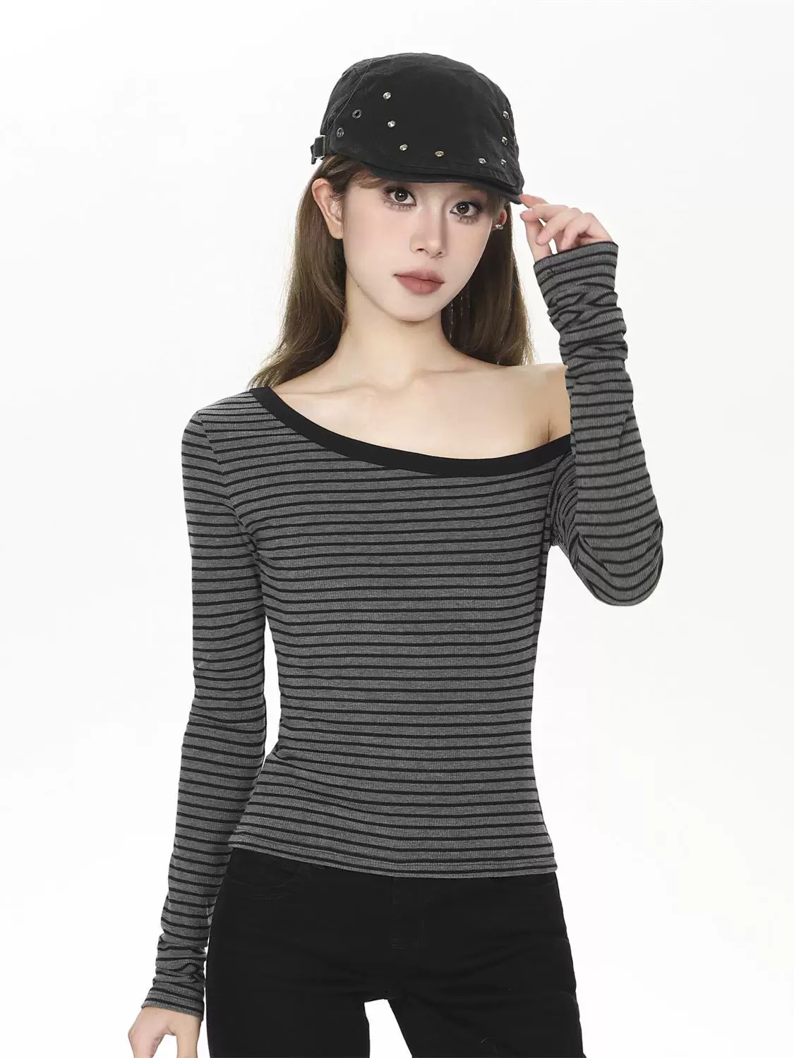 ボーダー オフショルダー 長袖Tシャツ 商品写真