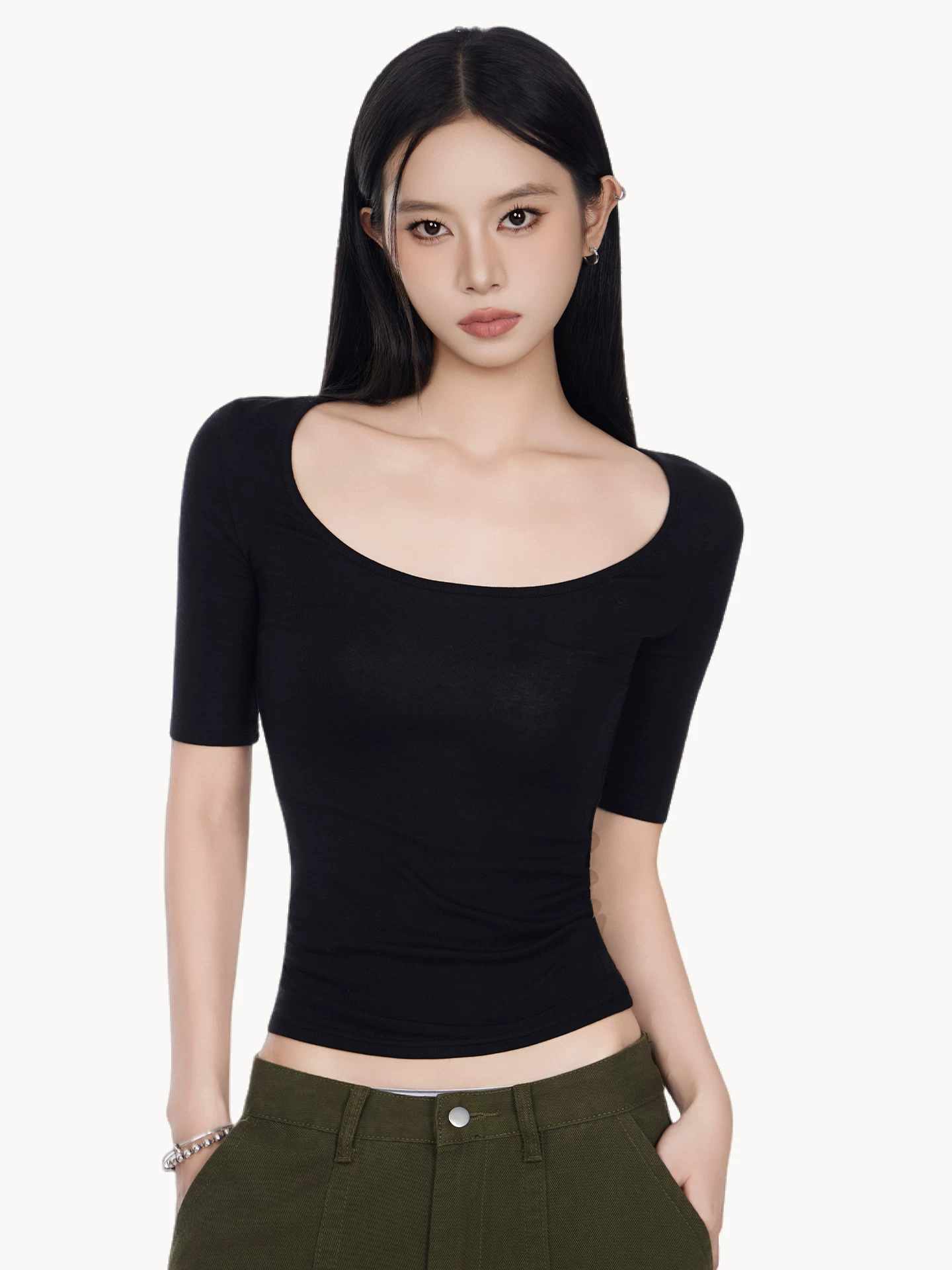 Uネック 五分袖Tシャツ 商品写真