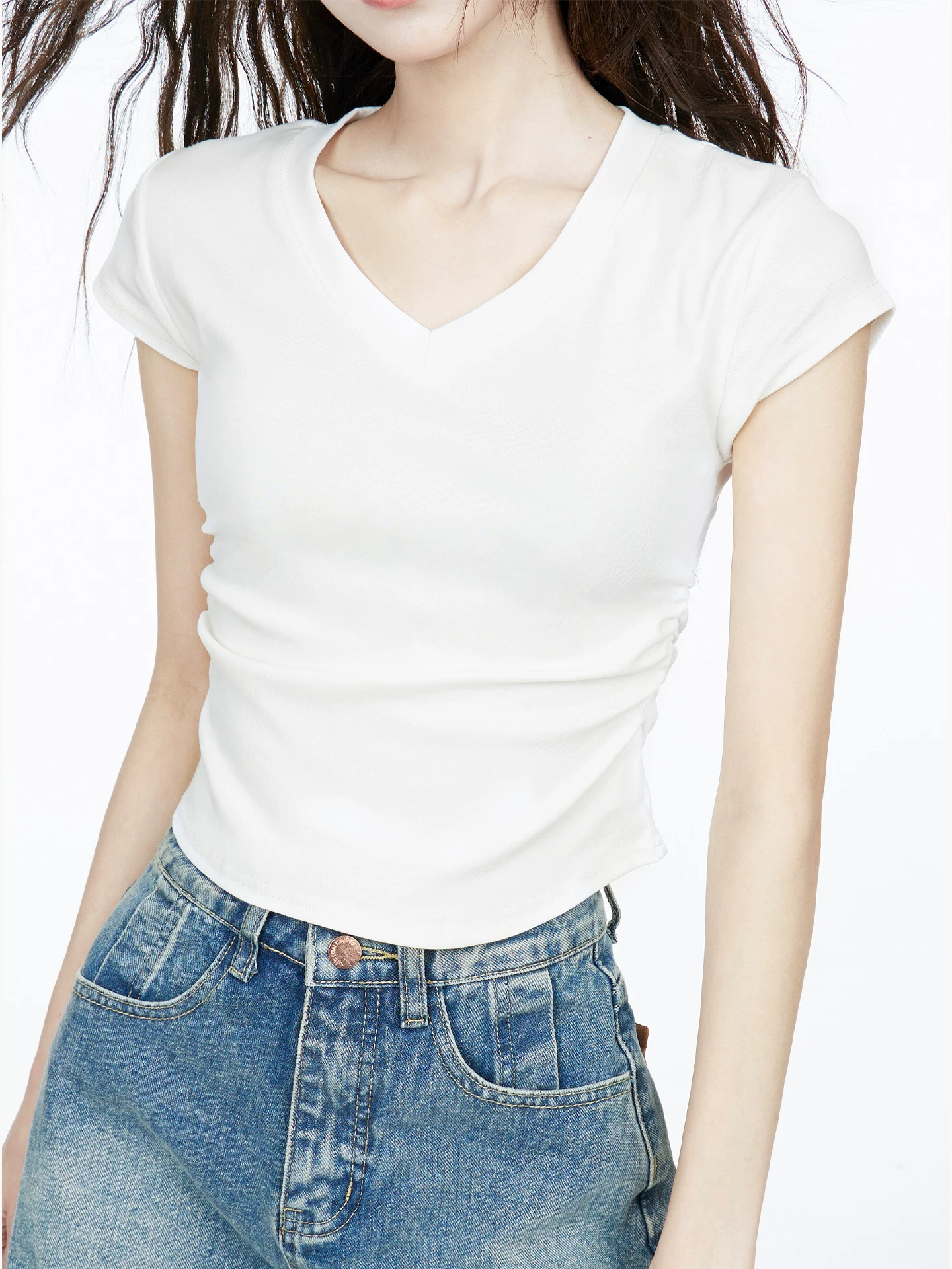 ギャザー Vネック 半袖Tシャツ 商品写真