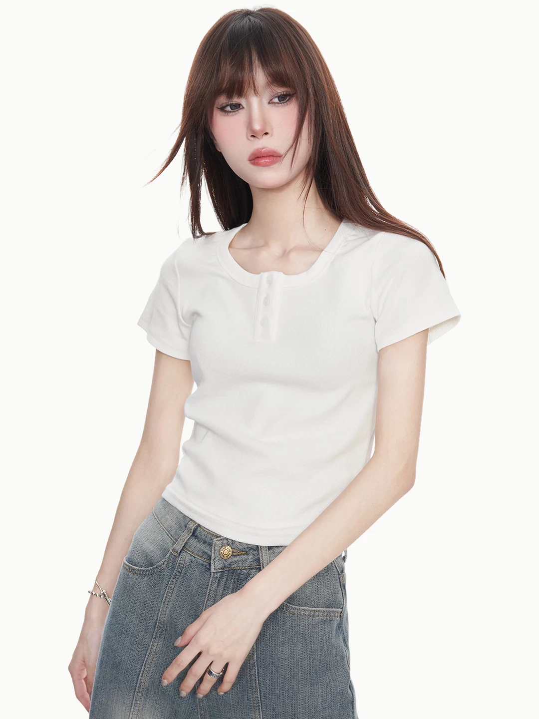 ボタン付き リブショート丈Tシャツ 商品写真