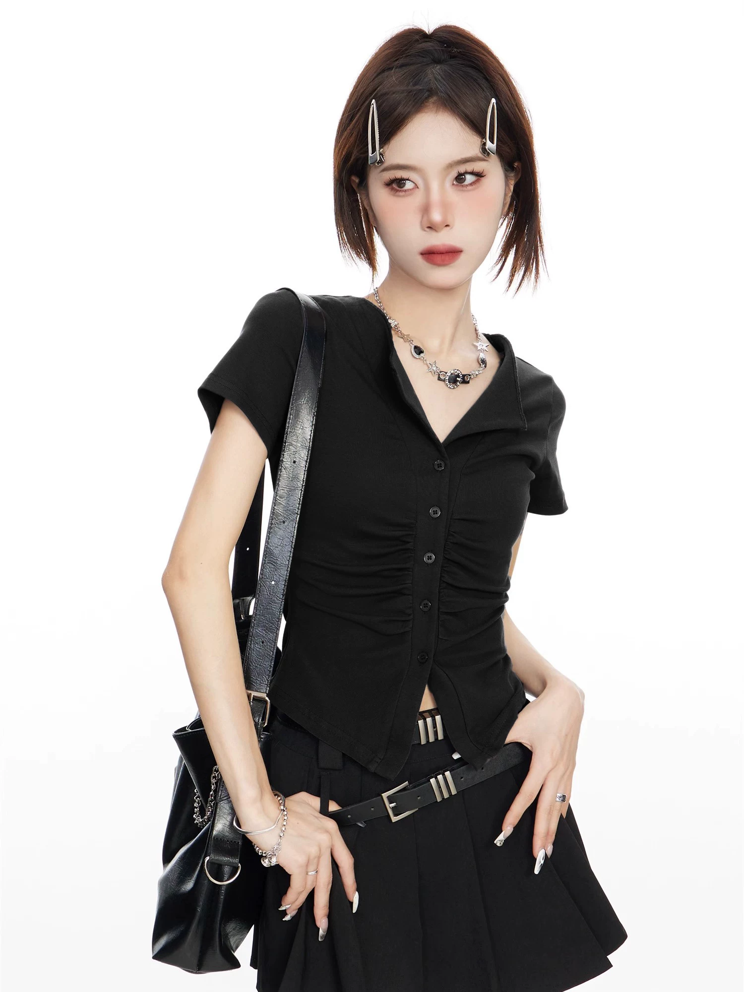 ギャザー Vネック 半袖Tシャツ 商品写真