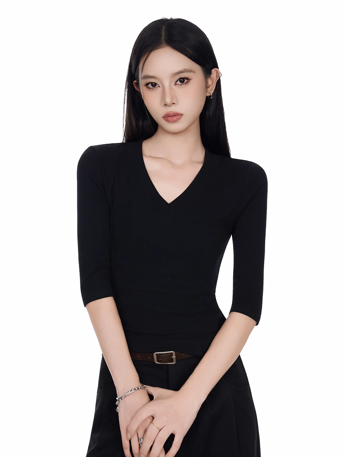 Vネック 七分袖Tシャツ 商品写真