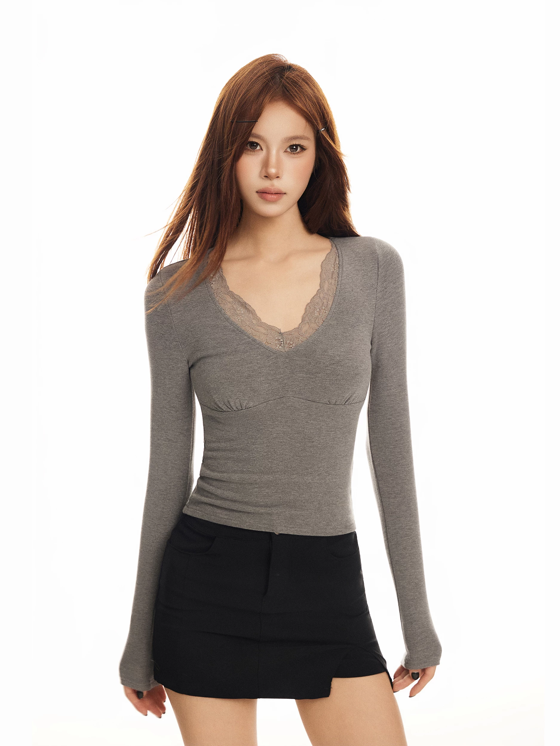 レース Vネック 長袖Tシャツ 商品写真