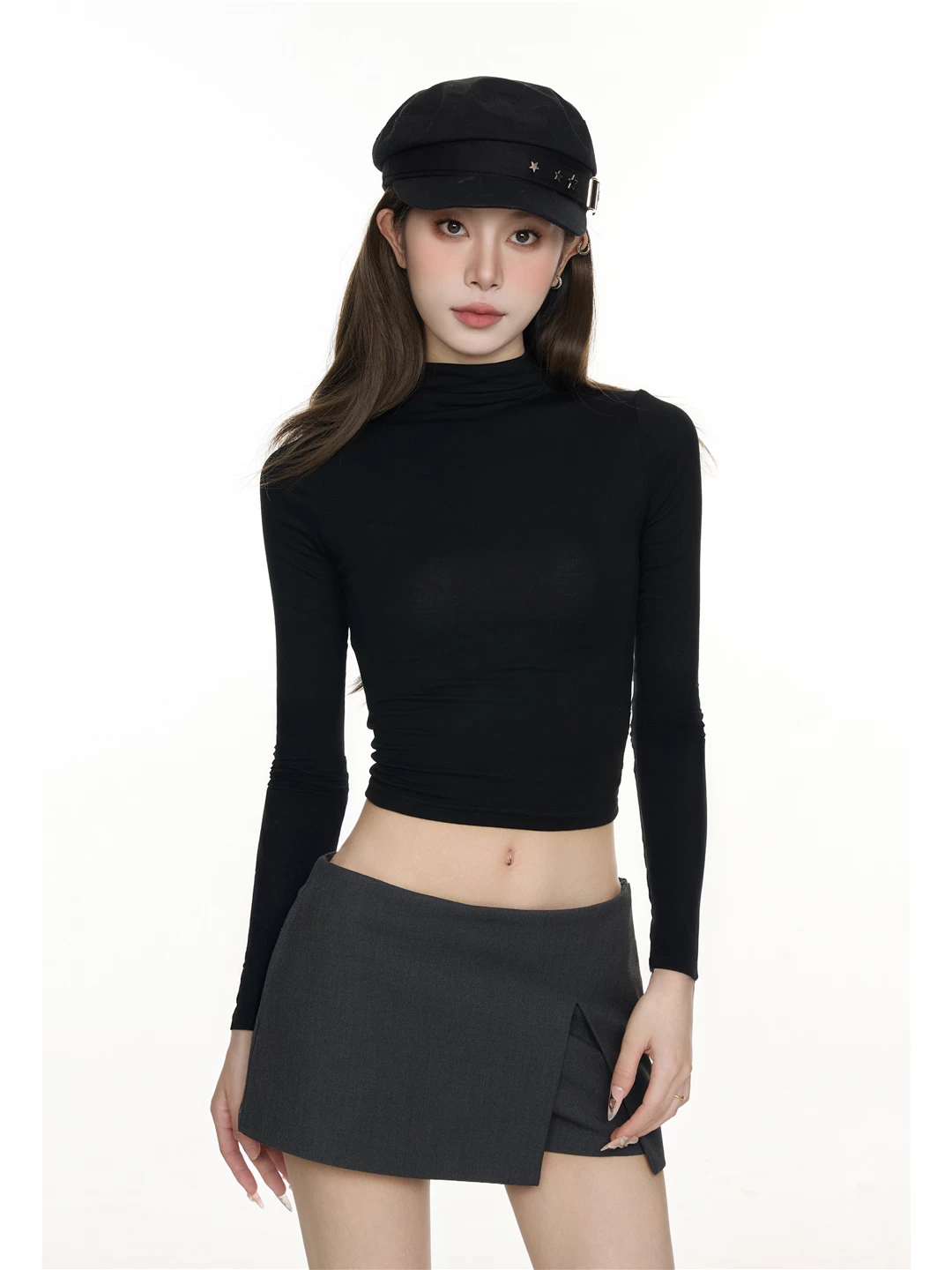 タートルネック ショート丈 長袖Tシャツ 商品写真