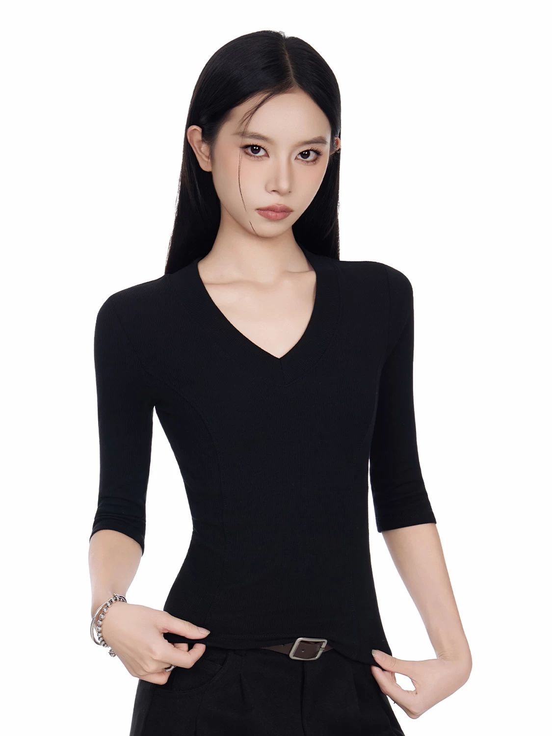 Vネック 七分袖Tシャツ 商品写真