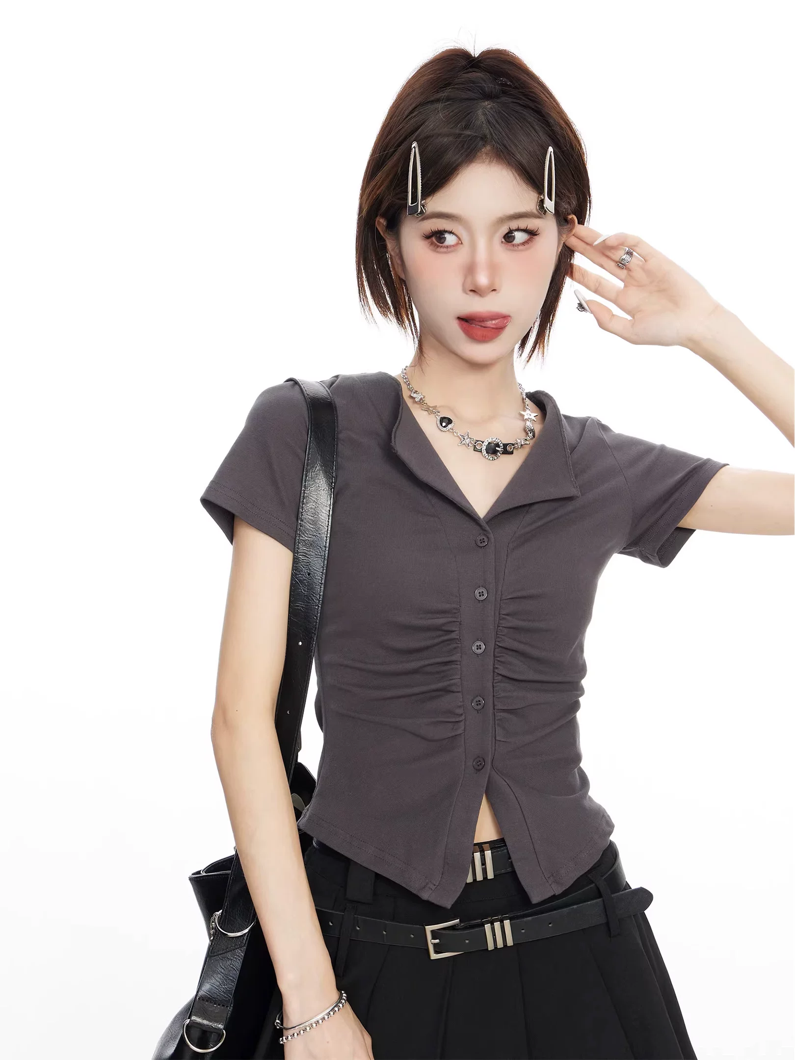 襟付き ギャザーショート丈Tシャツ 商品写真