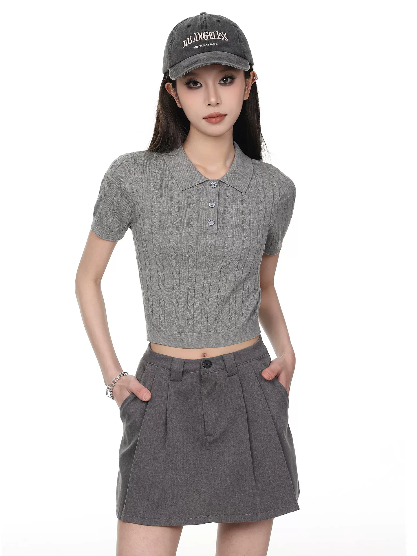 ケーブルニット ポロカラートップス 商品写真