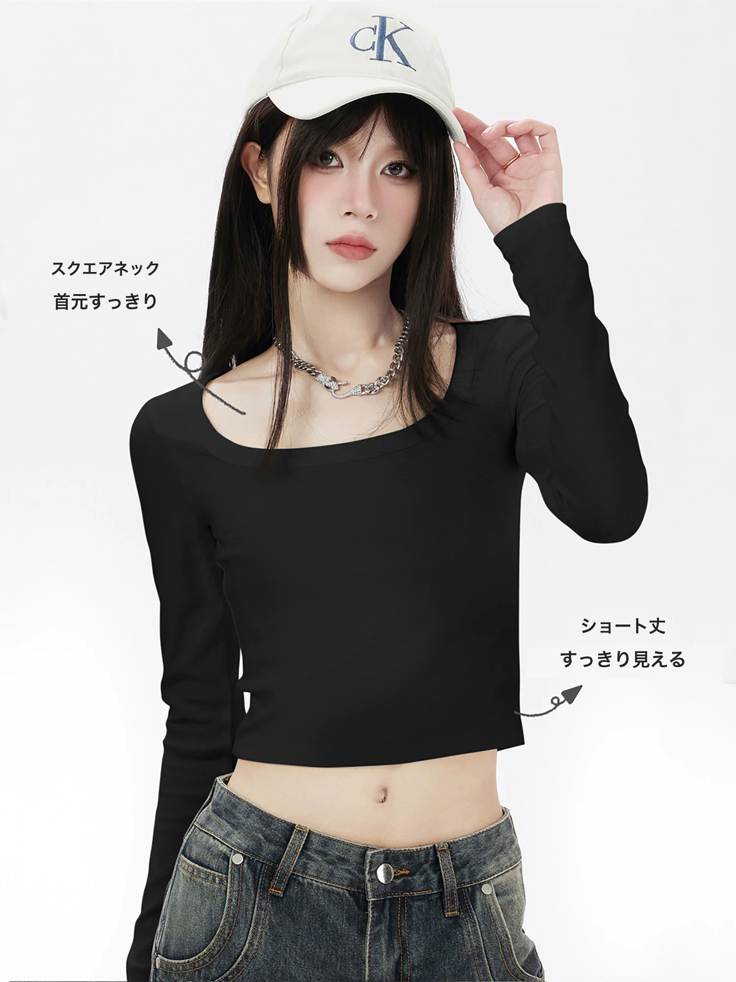 スクエアネック 長袖ニットトップス 商品写真