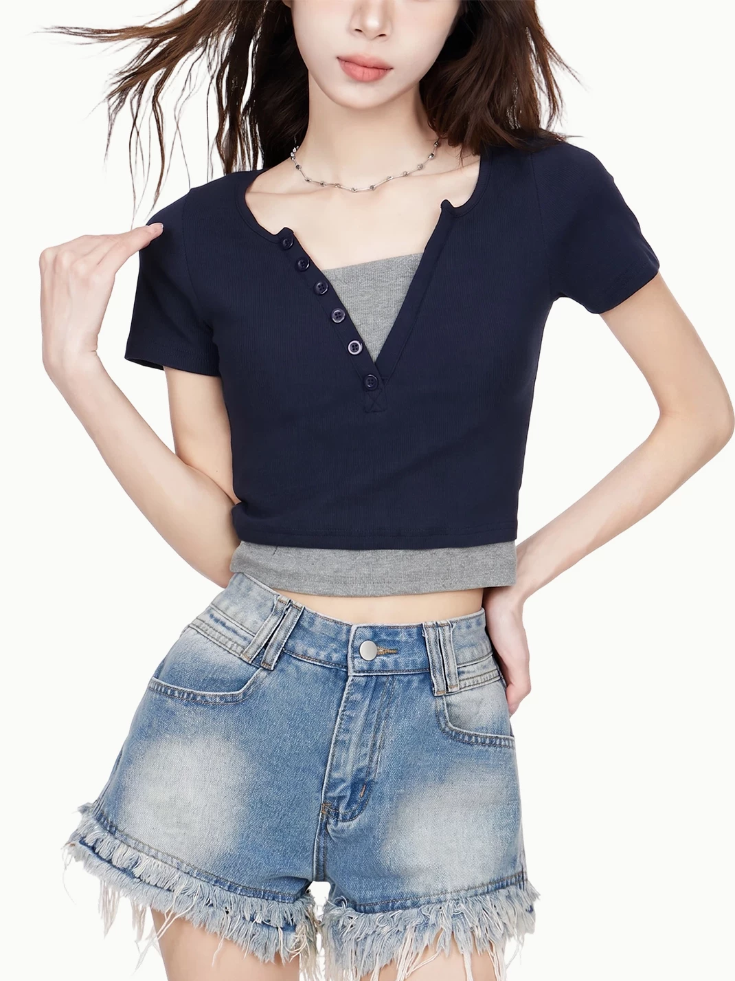 レイヤード風 Vネック 半袖Tシャツ 商品写真
