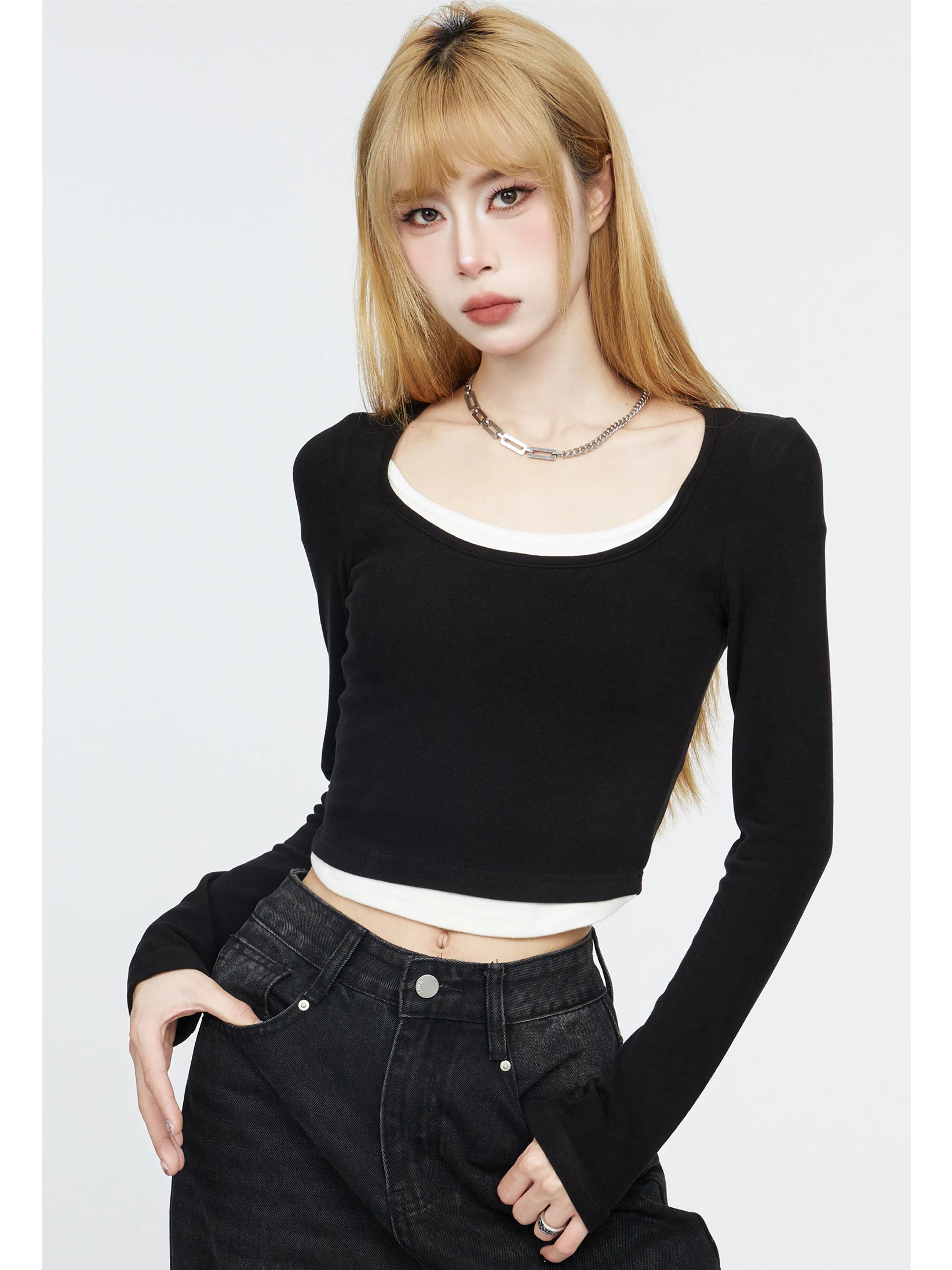 レイヤード風 配色 長袖Tシャツ 商品写真