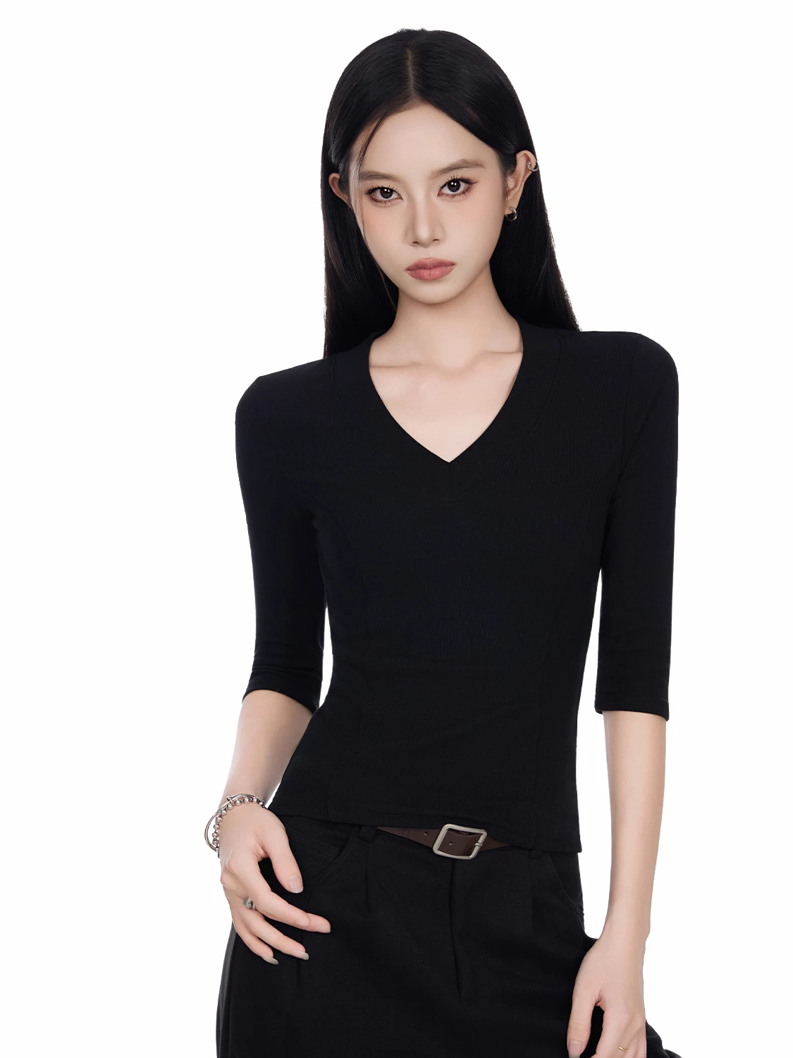 Vネック 七分袖Tシャツ 商品写真