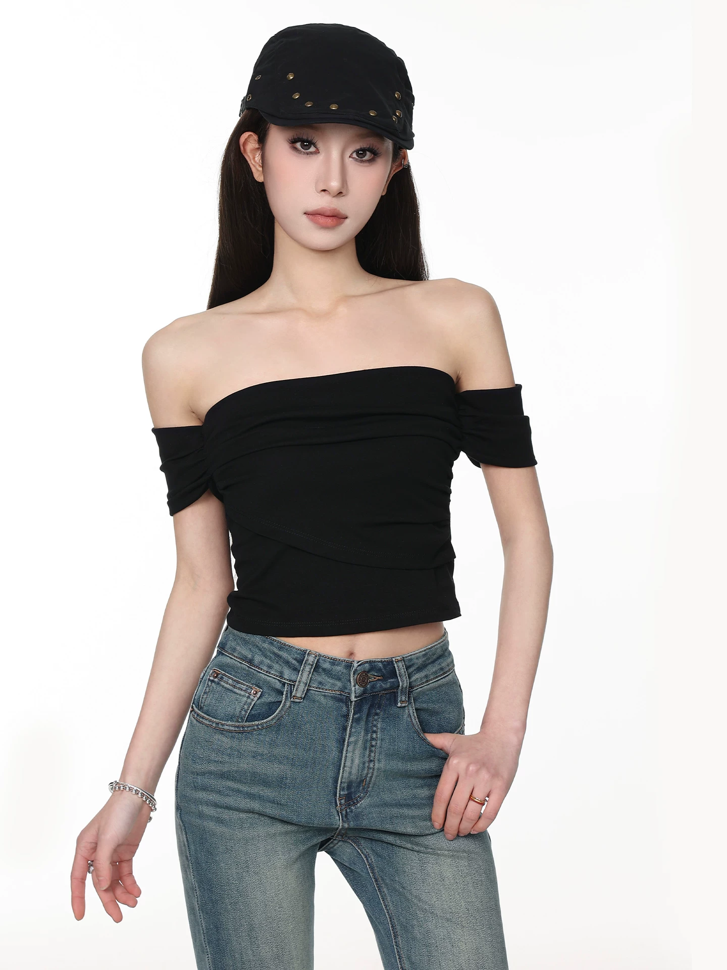 オフショルダー 半袖ニットトップス 商品写真